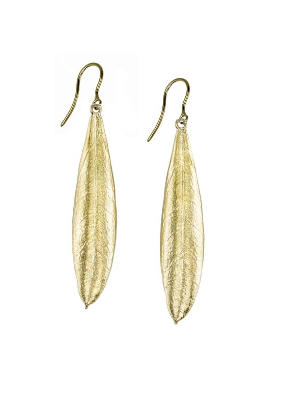 Medium Olive Leaf Earrings on Wires in 19kt Yellow Gold