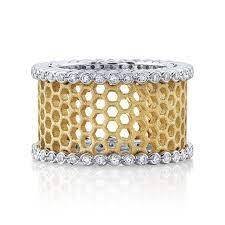 Wide Honeycomb Band Ring with Diamond Guards in 18kt Yellow Gold