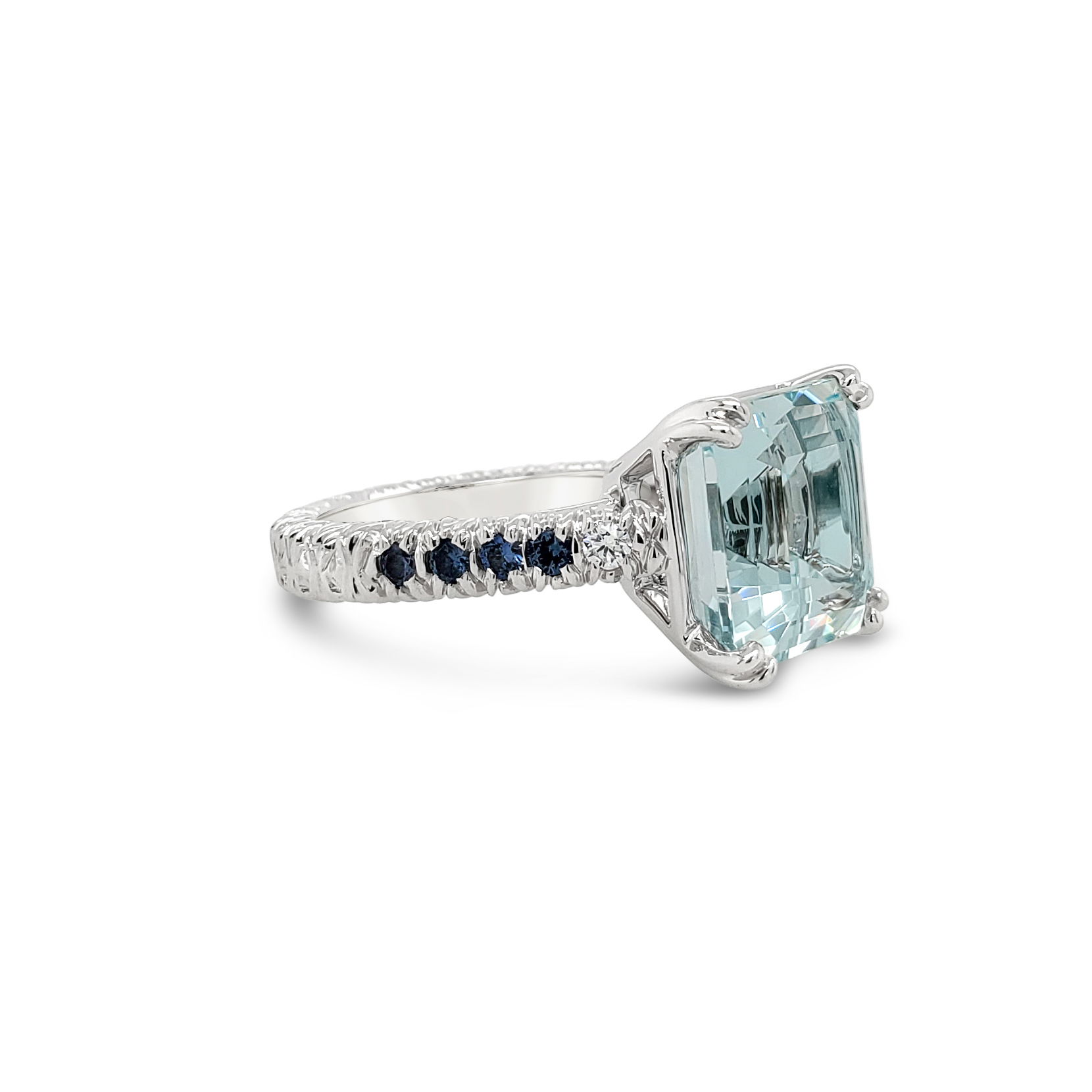 Asscher Cut Aquamarine Ring at 7.87ct with Blue Sapphire and Diamonds in 18kt White Gold