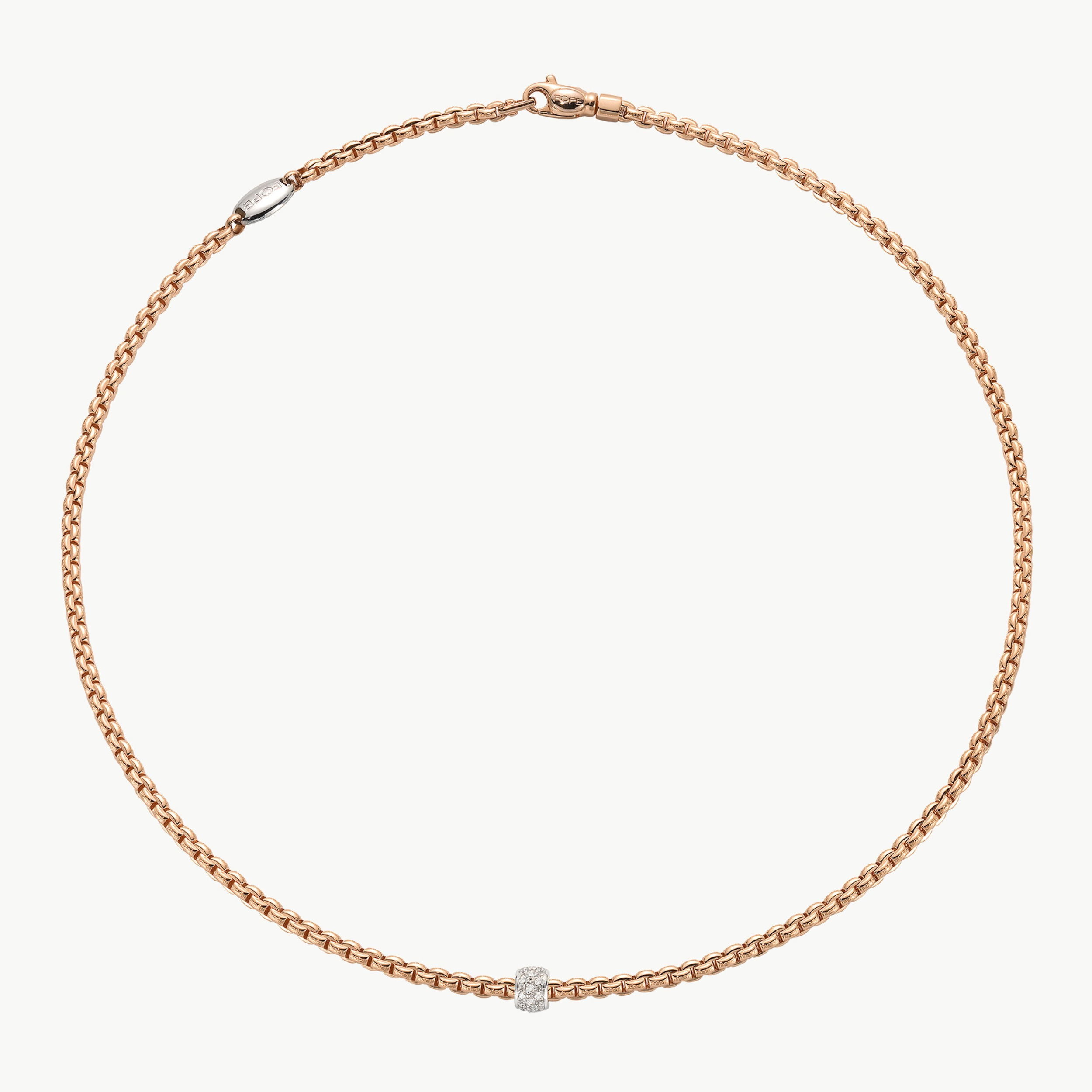 Eka Tiny Collection rope necklace in 18kt rose gold with white gold element covered in 0.19ctw of white diamond pave - The necklace measures 3mm in diameter and 45cm (17.7 inches) long. 730C PAVE-RW-45CM Eka Tiny Collection Rope Necklace in 18kt Rose Gold with White Gold and White Diamond Element - 3mm - 45cm