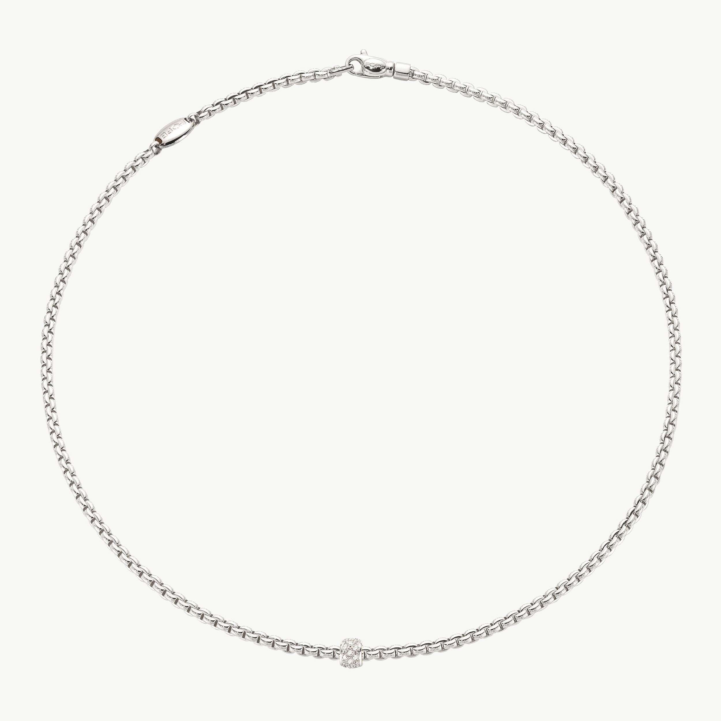 Eka Tiny Collection rope necklace in 18kt white gold with white gold element covered in 0.19ctw of white diamond pave - The necklace measures 3mm in diameter and 90cm (35.4 inches) long. 730C PAVE-W-90CM Eka Tiny Collection Rope Necklace in 18kt White Gold with White Gold and White Diamond Element - 3mm - 90cm