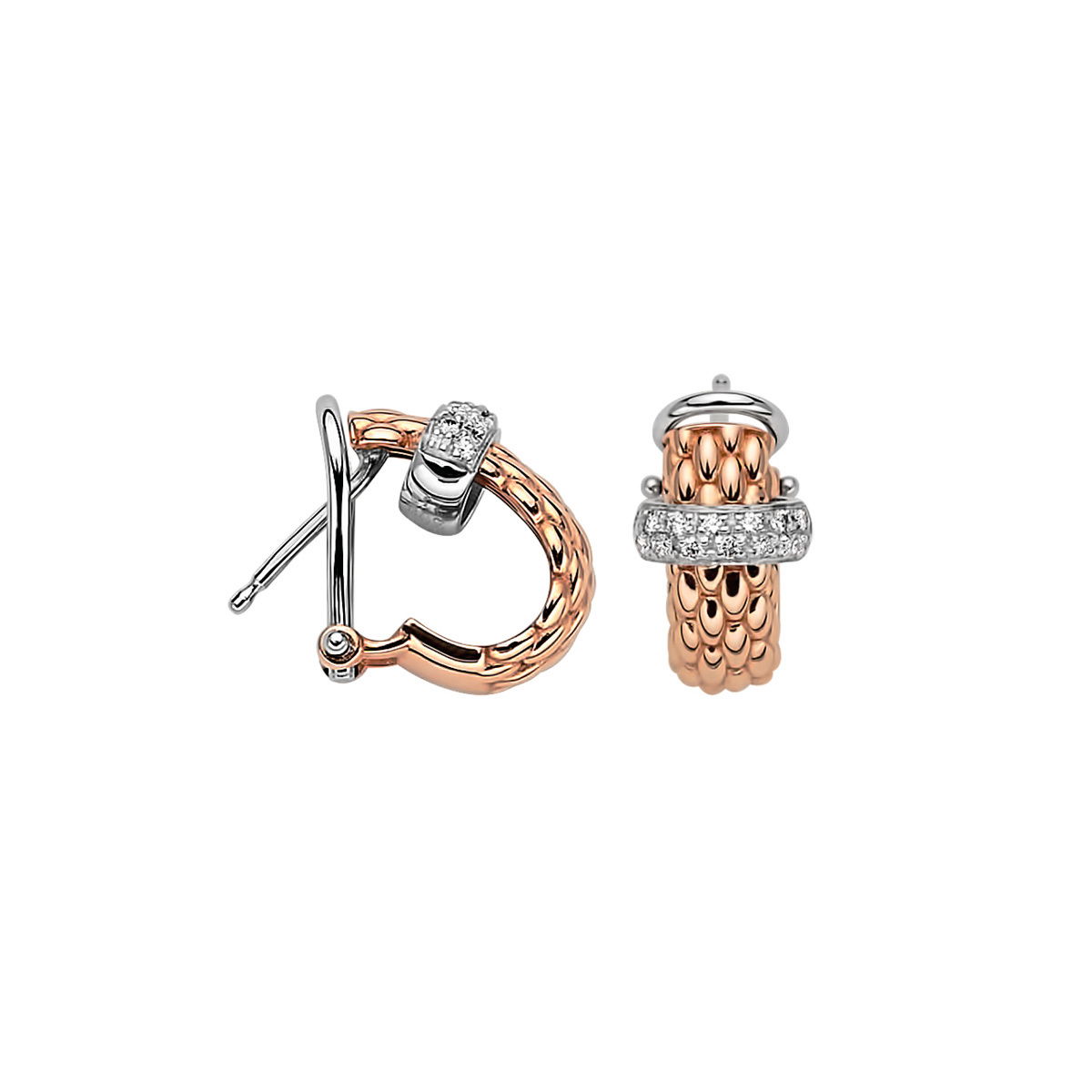 Vendome half hoop earrings in 18kt Rose gold with one bar in white gold set with 0.20ctw pave white diamonds - Backs are post with omega clip OR560 BBR-RW Vendome Earrings Half Hoop Earrings in 18kt Rose Gold with White Gold and White Diamond Element