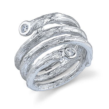 Four Row Olive Branch Coil Ring with Diamonds in 18kt White Gold