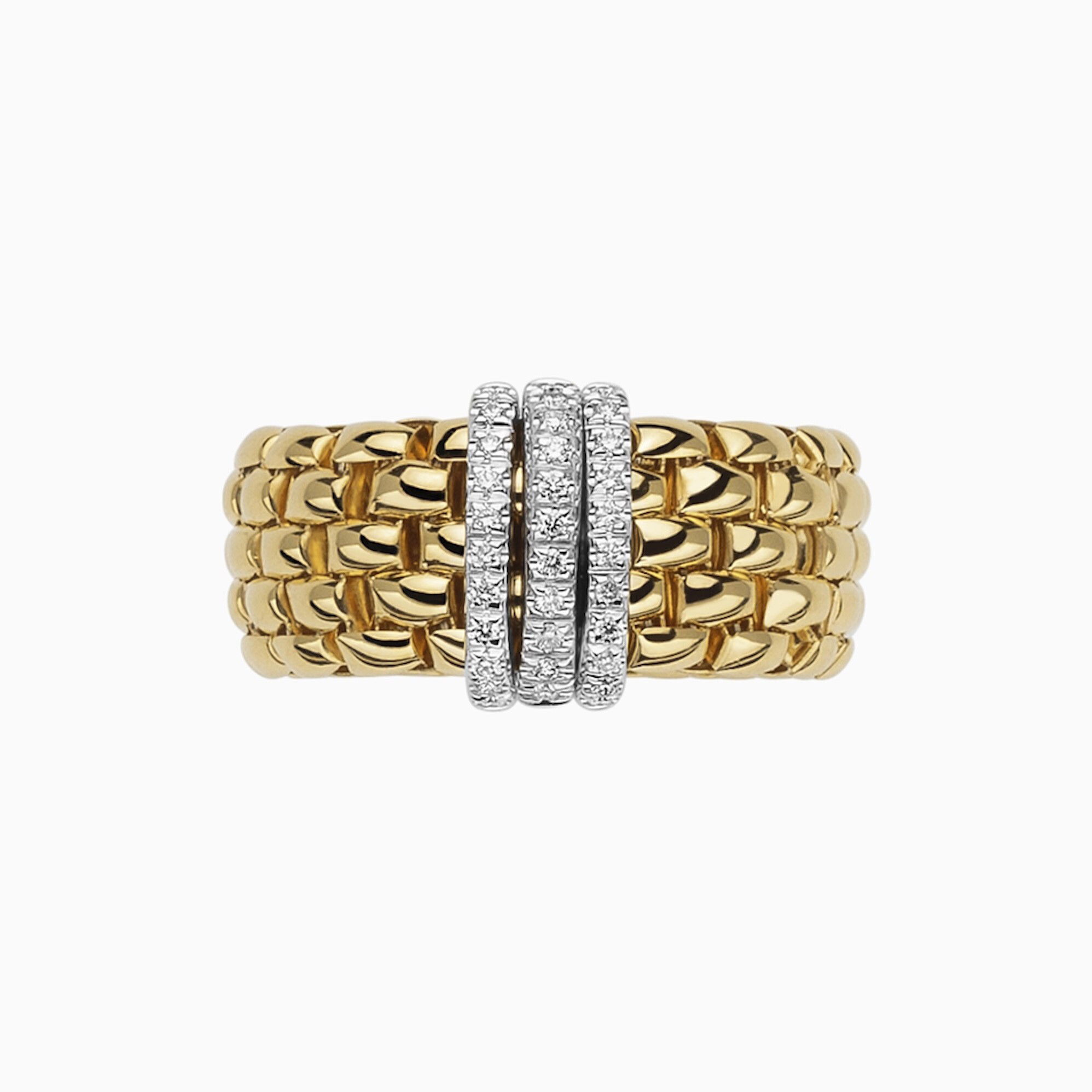Panorama Flex'It Ring in 18kt yellow gold with three white gold bars with pave diamonds at 0.23ctw in white diamonds - Size Extra Small (4.25-5.25) AN587 PAVEXS-YW Panorama Ring in 18kt Yellow Gold with 3 White Gold and White Diamond Pave Bars - XS