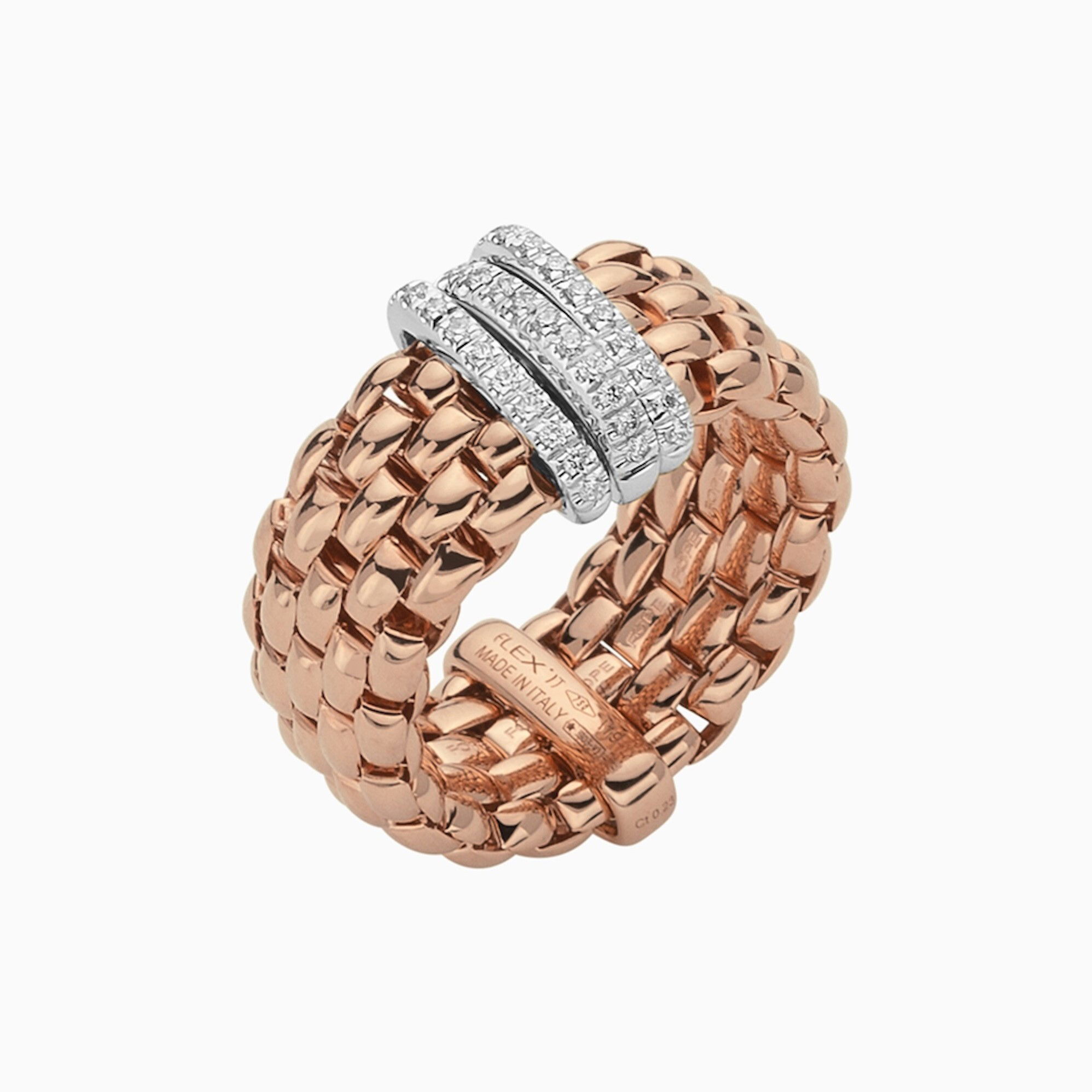Panorama Flex'It Ring in 18kt Rose gold with three white gold bars with pave diamonds at 0.23ctw in white diamonds - Size Small (5.50 - 6.50) AN587 PAVES-RW Panorama Ring in 18kt Rose Gold with 3 White Gold and White Diamond Pave Bars - S
