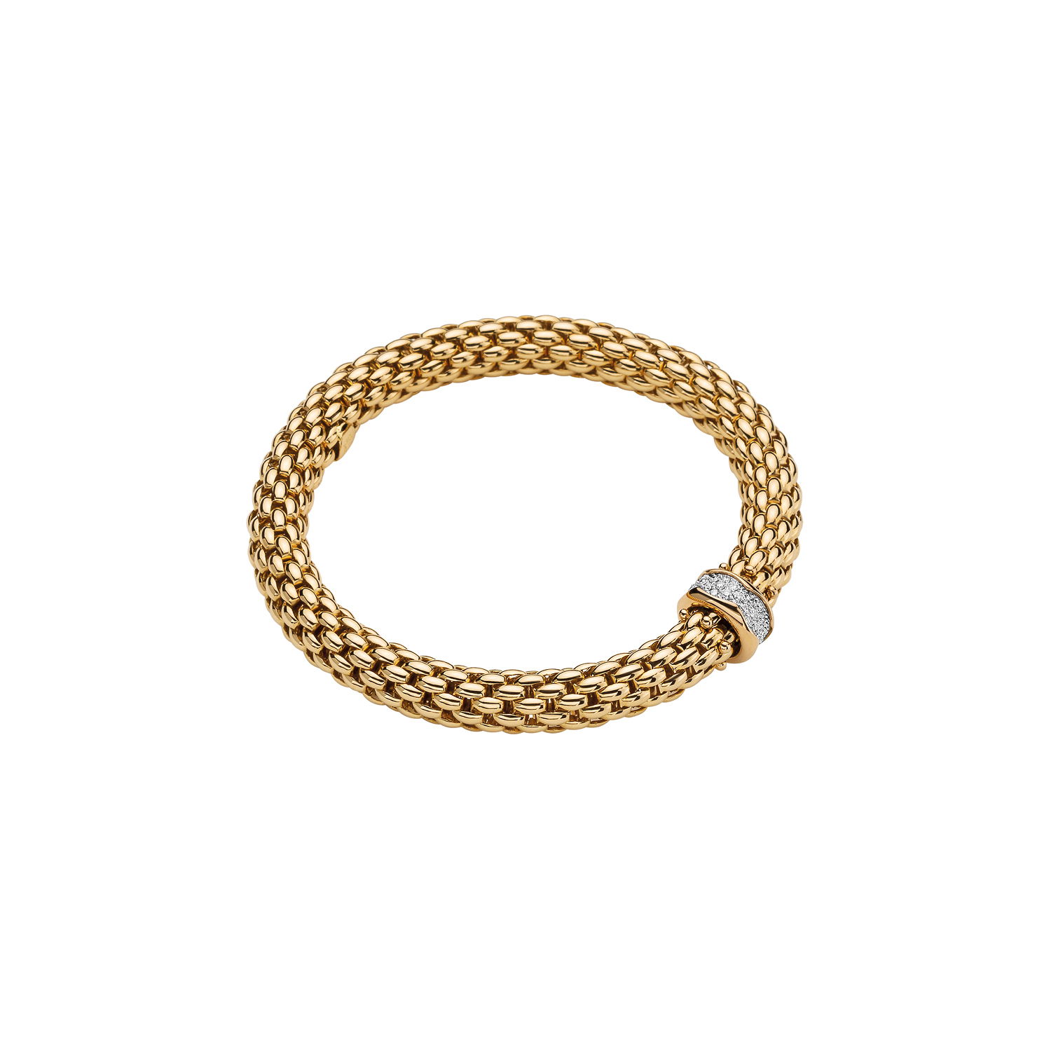 Love Nest Flex'It Bracelet in 18kt Yellow Gold with one White Gold and White Diamond pave Element at 0.33ctw - The bracelet measures 7.3mm in diameter and is a size extra large, 19cm or 7.48 inches internal circumference. 454B PAVEXL-YW Love Nest Bracelet in 18kt Yellow Gold with 1 White Gold and White Diamond Pave Element - 7.3mm - Size XL