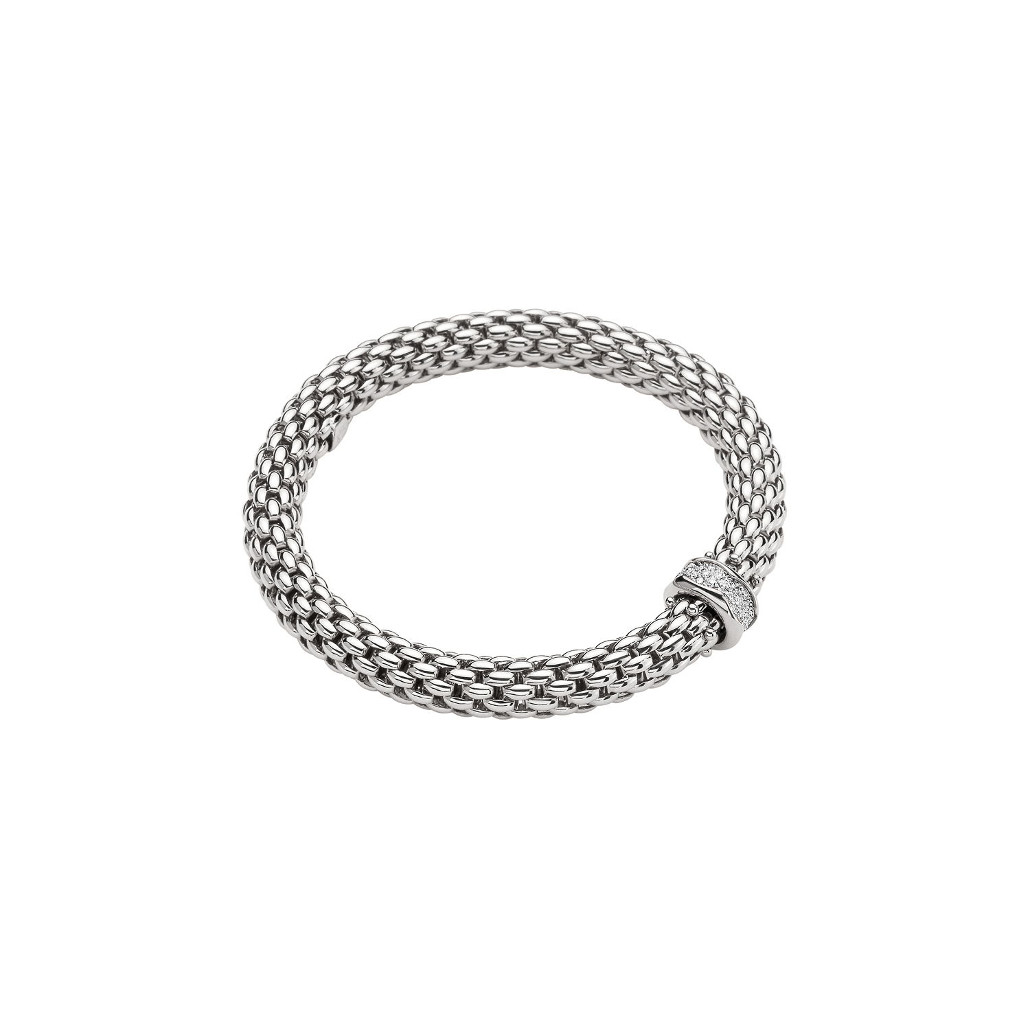 Love Nest Flex'It Bracelet in 18kt White Gold with one White Gold and White Diamond pave Element at 0.33ctw - The bracelet measures 7.3mm in diameter and is a size large, 18cm or 7.08 inches internal circumference. 454B PAVEL-W Love Nest Bracelet in 18kt White Gold with 1 White Gold and White Diamond Pave Element - 7.3mm - Size L