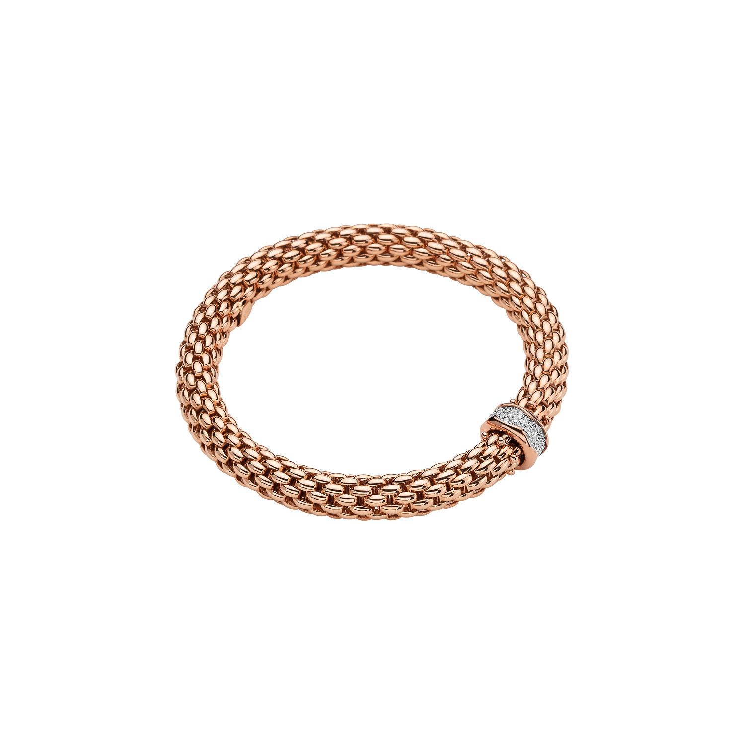 Love Nest Flex'It Bracelet in 18kt Rose Gold with one White Gold and White Diamond pave Element at 0.33ctw - The bracelet measures 7.3mm in diameter and is a size extra small, 15cm or 5.90 inches internal circumference. 454B PAVEXS-RW Love Nest Bracelet in 18kt Rose Gold with 1 White Gold and White Diamond Pave Element - 7.3mm - Size XS