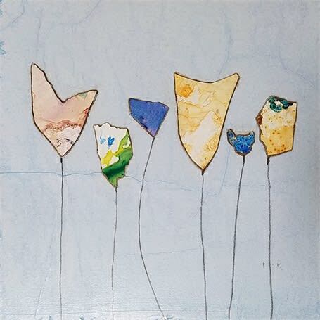 This mixed media on wood panel wall art by Peter Kuttner is a lively and colorful piece with intoxicating texture and depth. Part of the artist’s Cut-Out series, Up and Away resembles a collection of flourishing flowers. Up And Away