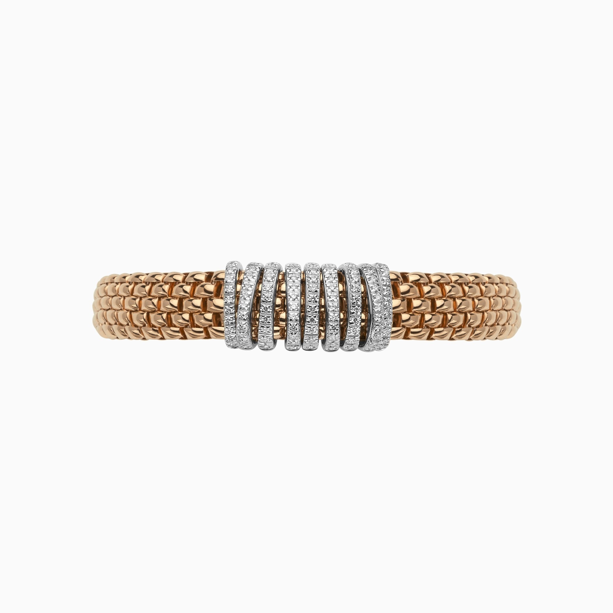 Panorama Flex'It Bracelet in 18kt Rose Gold with nine White Gold and White Pave Diamond Elements at 0.68ctw - The bracelet measures 9mm wide by 3.5mm deep and is a size extra small, 15cm or 5.90 inches internal circumference. 588B PAVEXS-RW Panorama Bracelet in 18kt Rose Gold with 9 White Gold and White Diamond Pave Elements - 9mm - Size XS