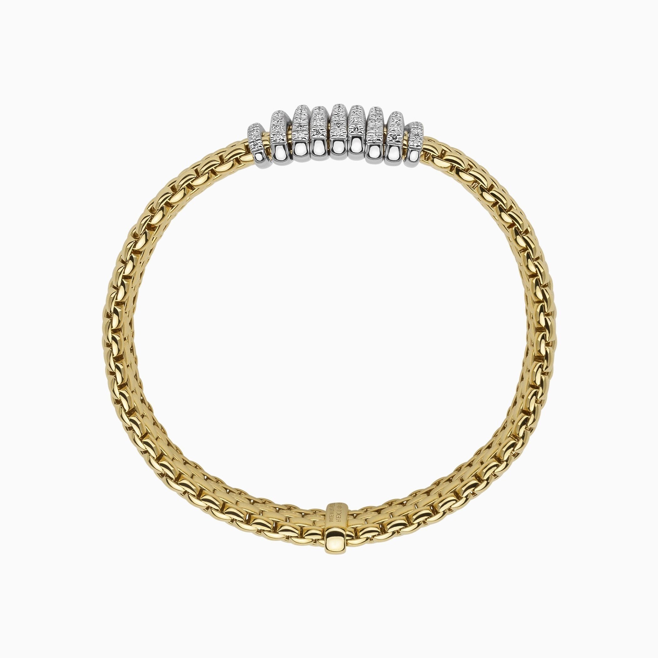 Panorama Flex'It Bracelet in 18kt Yellow Gold with nine White Gold and White Pave Diamond Elements at 0.68ctw - The bracelet measures 9mm wide by 3.5mm deep and is a size large, 18cm or 7.08 inches internal circumference. 588B PAVEL-YW Panorama Bracelet in 18kt Yellow Gold with 9 White Gold and White Diamond Pave Elements - 9mm - Size L