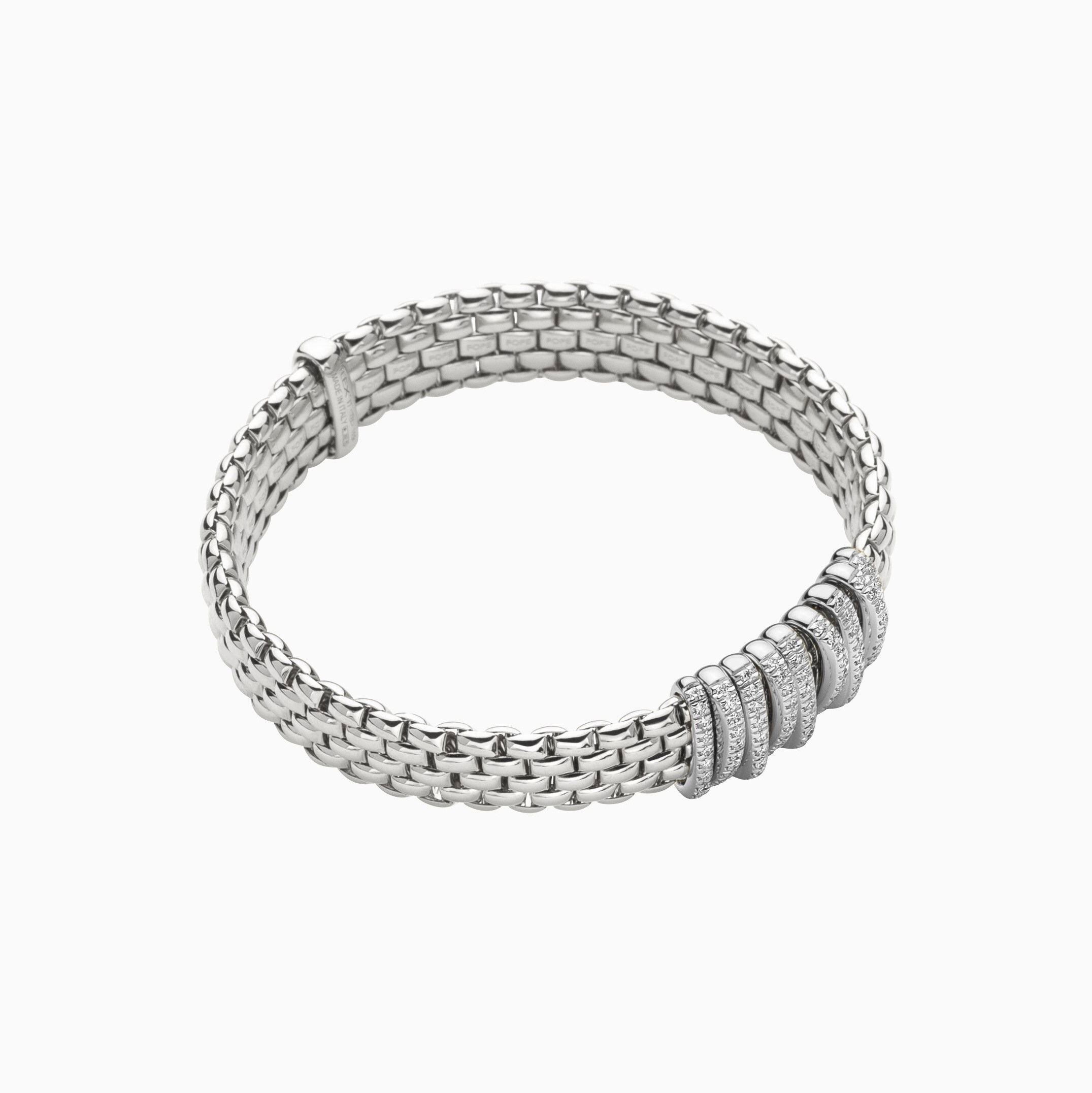 Panorama Flex'It Bracelet in 18kt White Gold with nine White Gold and White Pave Diamond Elements at 0.68ctw - The bracelet measures 9mm wide by 3.5mm deep and is a size small, 16cm or 6.29 inches internal circumference. 588B PAVES-W Panorama Bracelet in 18kt White Gold with 9 White Gold and White Diamond Pave Elements - 9mm - Size S