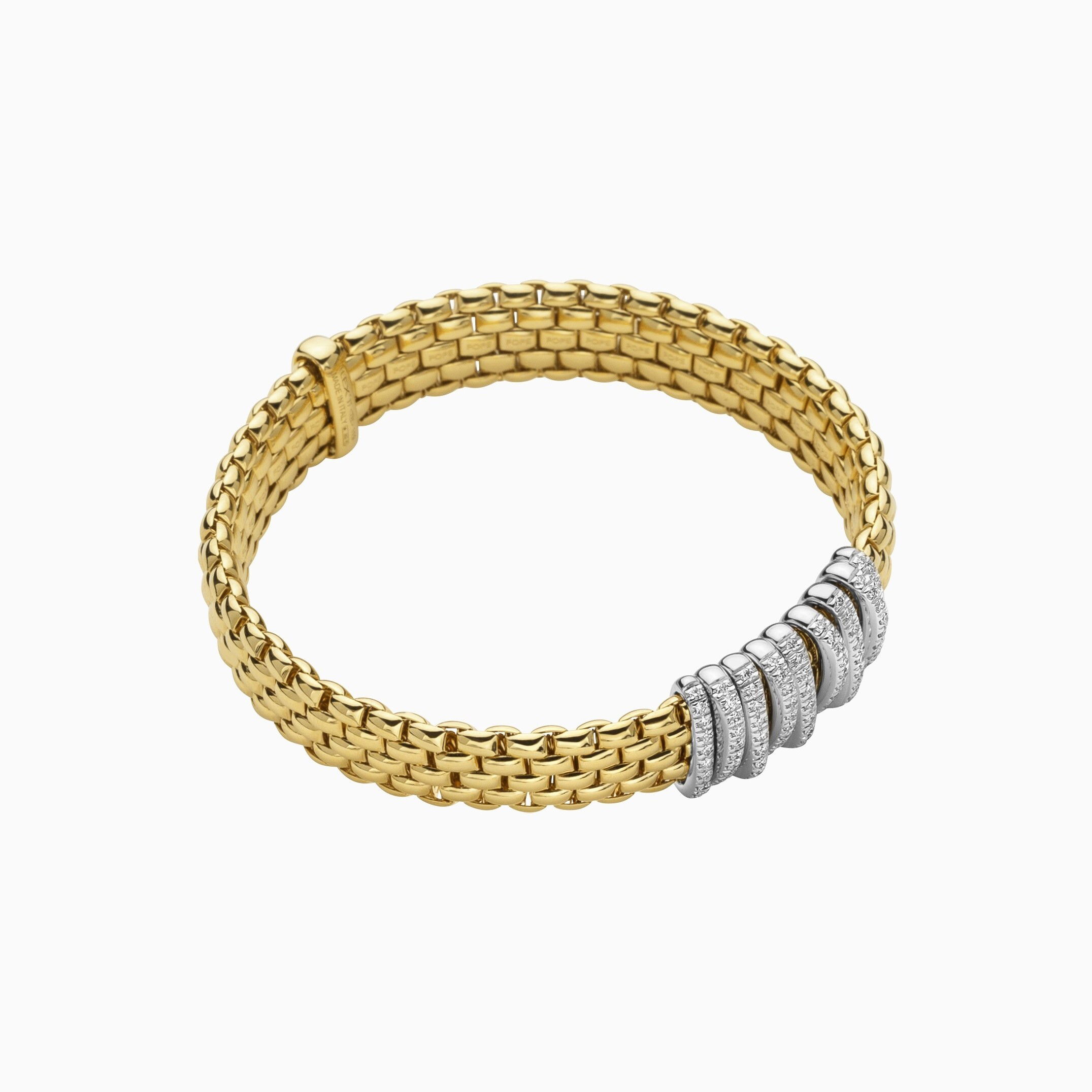 Panorama Flex'It Bracelet in 18kt Yellow Gold with nine White Gold and White Pave Diamond Elements at 0.68ctw - The bracelet measures 9mm wide by 3.5mm deep and is a size small, 16cm or 6.29 inches internal circumference. 588B PAVES-YW Panorama Bracelet in 18kt Yellow Gold with 9 White Gold and White Diamond Pave Elements - 9mm - Size S