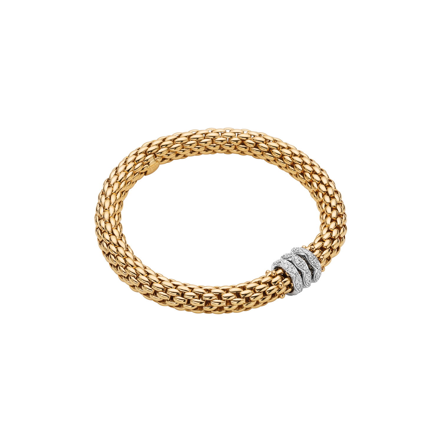 Love Nest Flex'It Bracelet in 18kt Yellow Gold with three White Gold and White Diamond pave Elements at 0.57ctw - The bracelet measures 7.3mm in diameter and is a size small, 16cm or 6.29 inches internal circumference. 451B PAVES-YW Love Nest Bracelet in 18kt Yellow Gold with 3 White Gold and White Diamond Pave Elements - 7.3mm - Size S