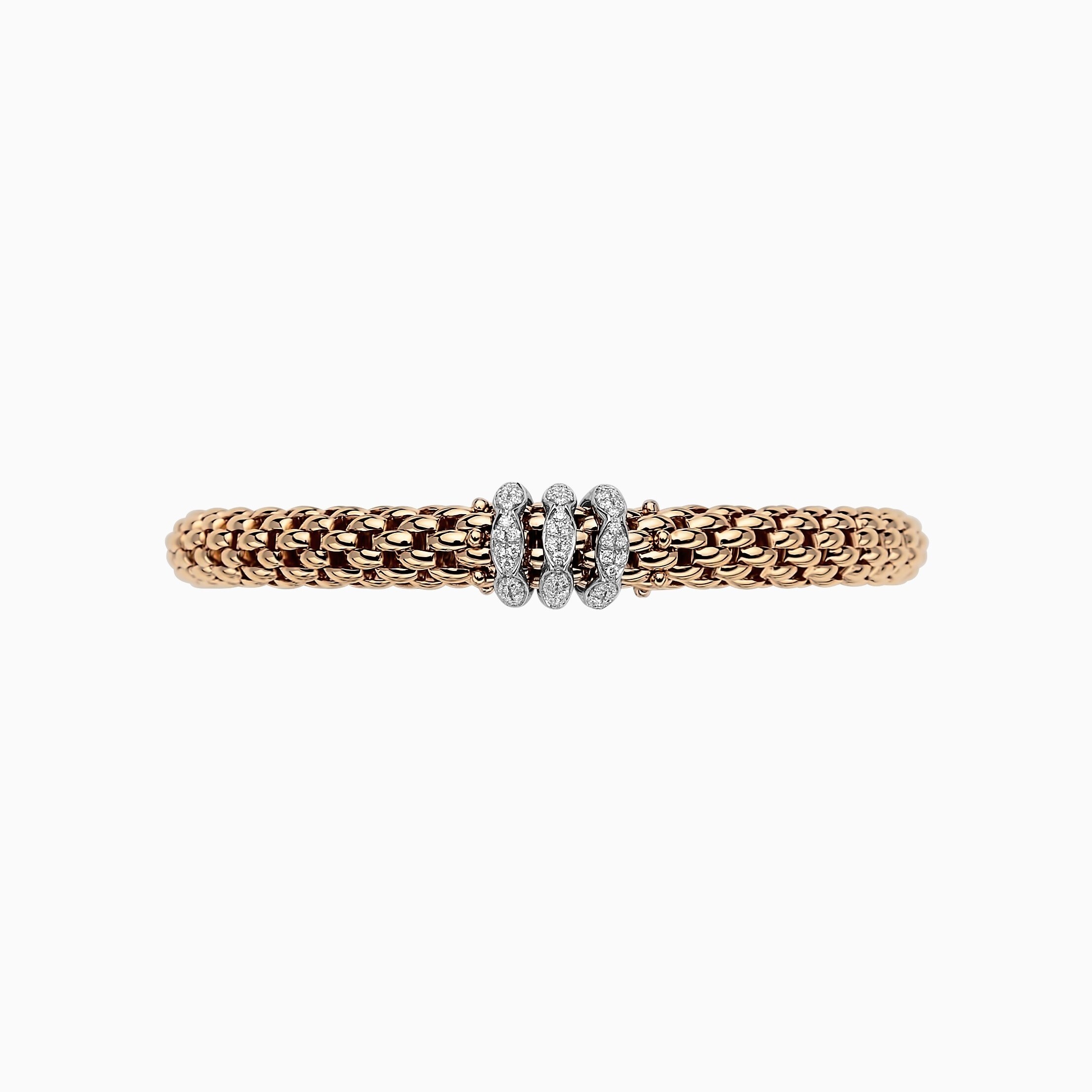 Love Nest Flex'It Bracelet in 18kt Rose Gold with three White Gold and White Diamond pave Elements at 0.57ctw - The bracelet measures 7.3mm in diameter and is a size large, 18cm or 7.08 inches internal circumference. 451B PAVEL-RW Love Nest Bracelet in 18kt Rose Gold with 3 White Gold and White Diamond Pave Elements - 7.3mm - Size L