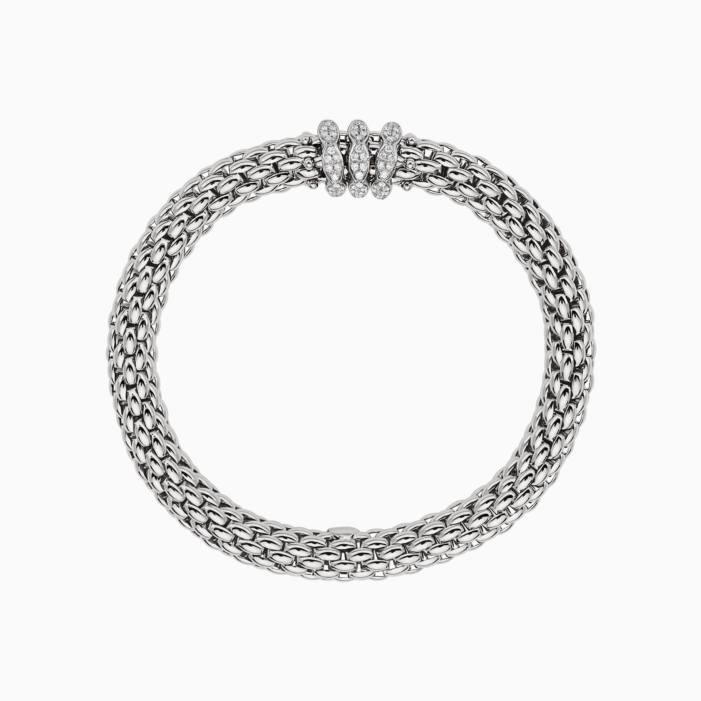 Love Nest Flex'It Bracelet in 18kt White Gold with three White Gold and White Diamond pave Elements at 0.57ctw - The bracelet measures 7.3mm in diameter and is a size small, 16cm or 6.29 inches internal circumference. 451B PAVES-W Love Nest Bracelet in 18kt White Gold with 3 White Gold and White Diamond Pave Elements - 7.3mm - Size S