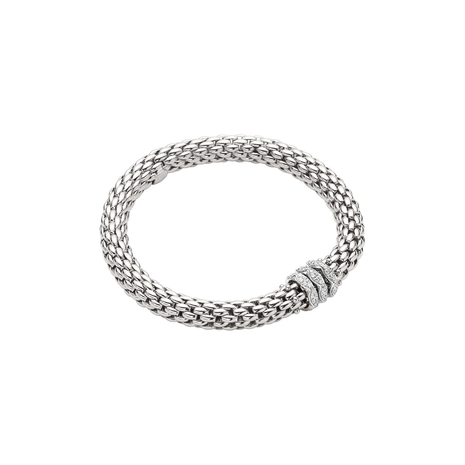 Love Nest Flex'It Bracelet in 18kt White Gold with three White Gold and White Diamond pave Elements at 0.57ctw - The bracelet measures 7.3mm in diameter and is a size extra large, 19cm or 7.48 inches internal circumference. 451B PAVEXL-W Love Nest Bracelet in 18kt White Gold with 3 White Gold and White Diamond Pave Elements - 7.3mm - Size XL