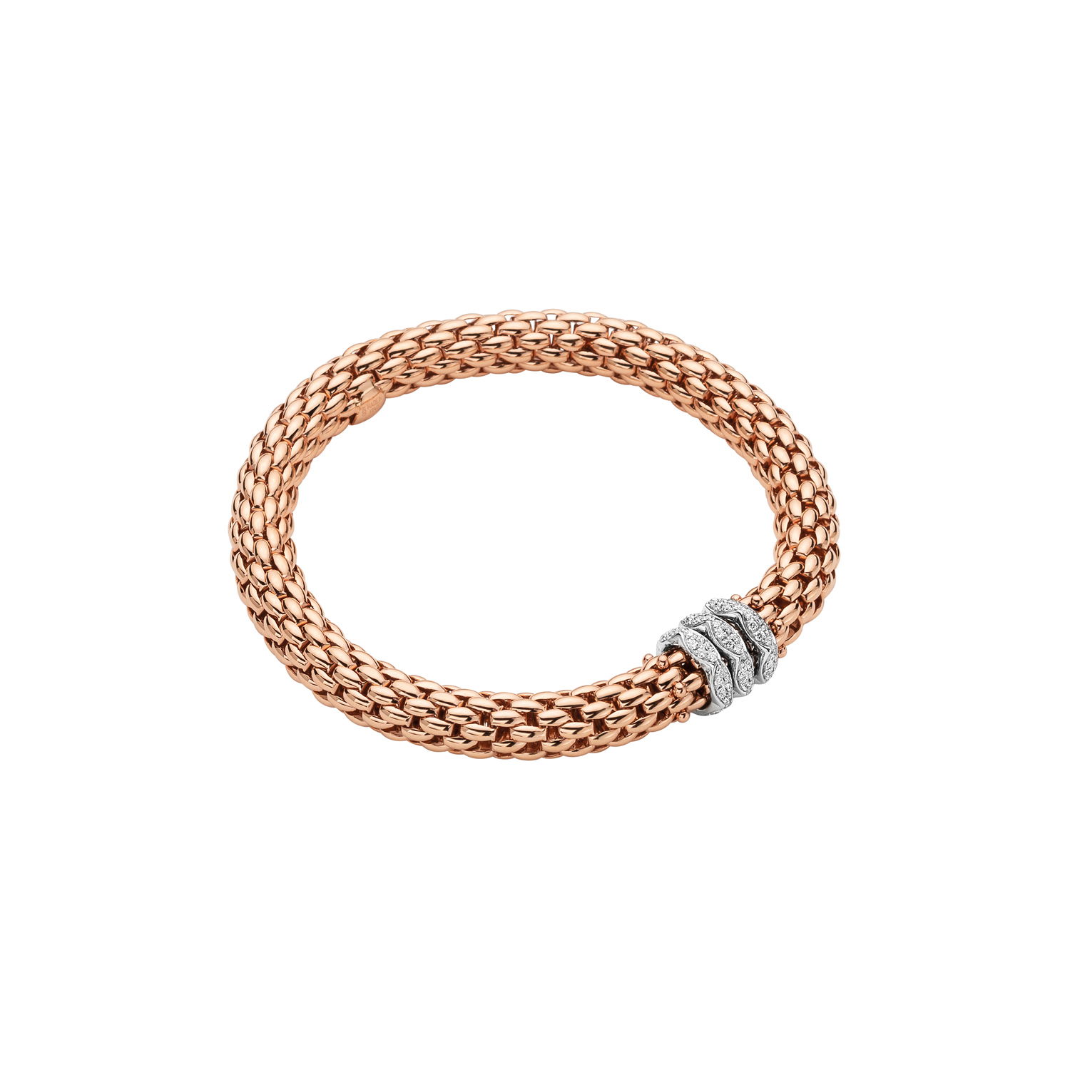 Love Nest Flex'It Bracelet in 18kt Rose Gold with three White Gold and White Diamond pave Elements at 0.57ctw - The bracelet measures 7.3mm in diameter and is a size small, 16cm or 6.29 inches internal circumference. 451B PAVES-RW Love Nest Bracelet in 18kt Rose Gold with 3 White Gold and White Diamond Pave Elements - 7.3mm - Size S