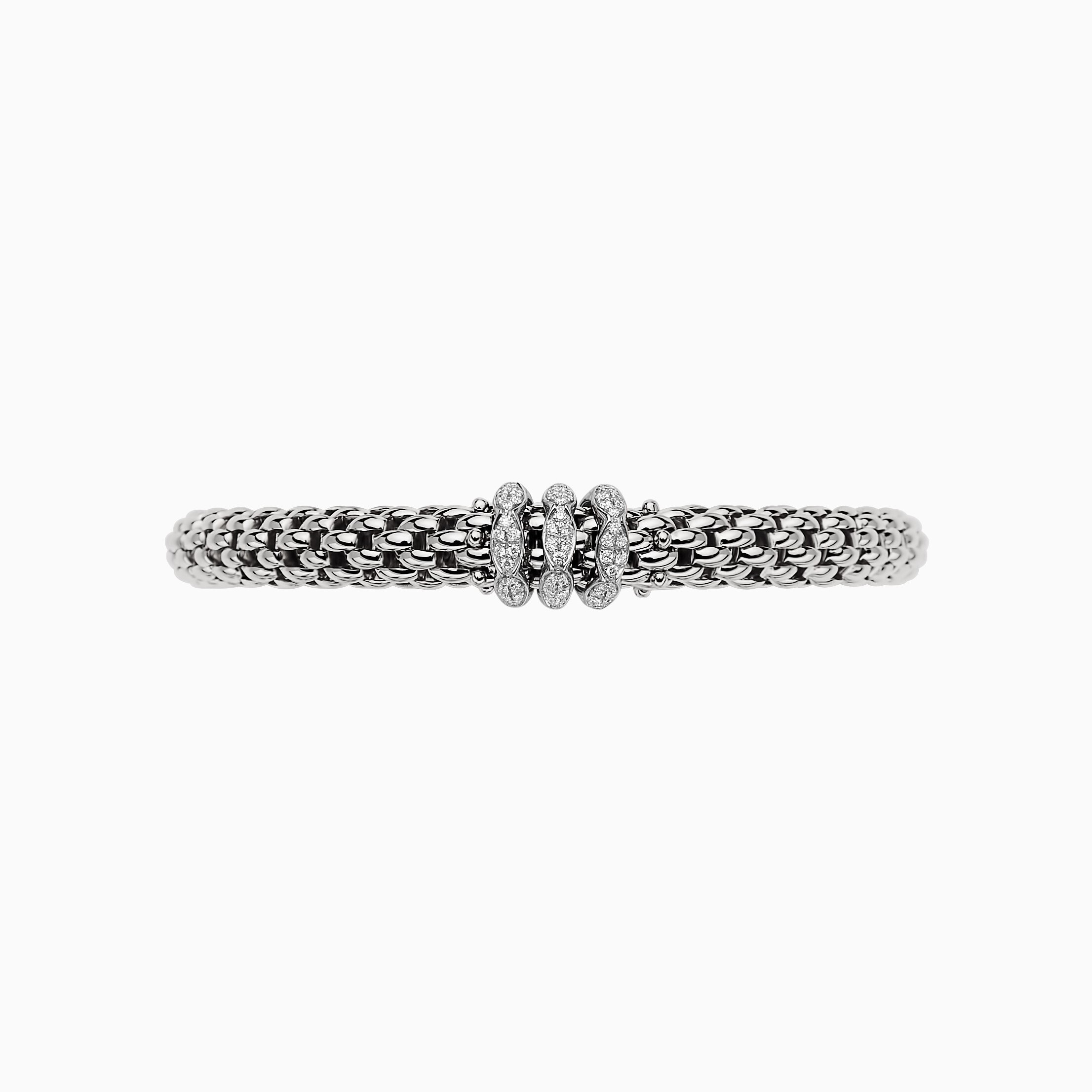 Love Nest Flex'It Bracelet in 18kt White Gold with three White Gold and White Diamond pave Elements at 0.57ctw - The bracelet measures 7.3mm in diameter and is a size large, 18cm or 7.08 inches internal circumference. 451B PAVEL-W Love Nest Bracelet in 18kt White Gold with 3 White Gold and White Diamond Pave Elements - 7.3mm - Size L