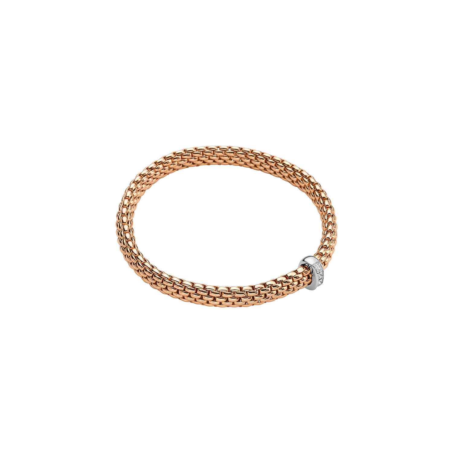 Vendome Flex'It Bracelet in 18kt Rose Gold with one White Gold and White Princess Cut Diamond Element at 0.35ctw - The bracelet measures 6.9mm wide by 4.3mm deep and is a size large, 18cm or 7.08 inches internal circumference. 584B BBRL-RW Vendome Bracelet in 18kt Rose Gold with 1 White Gold and Princess Cut White Diamond Element - 6.9mm - Size L