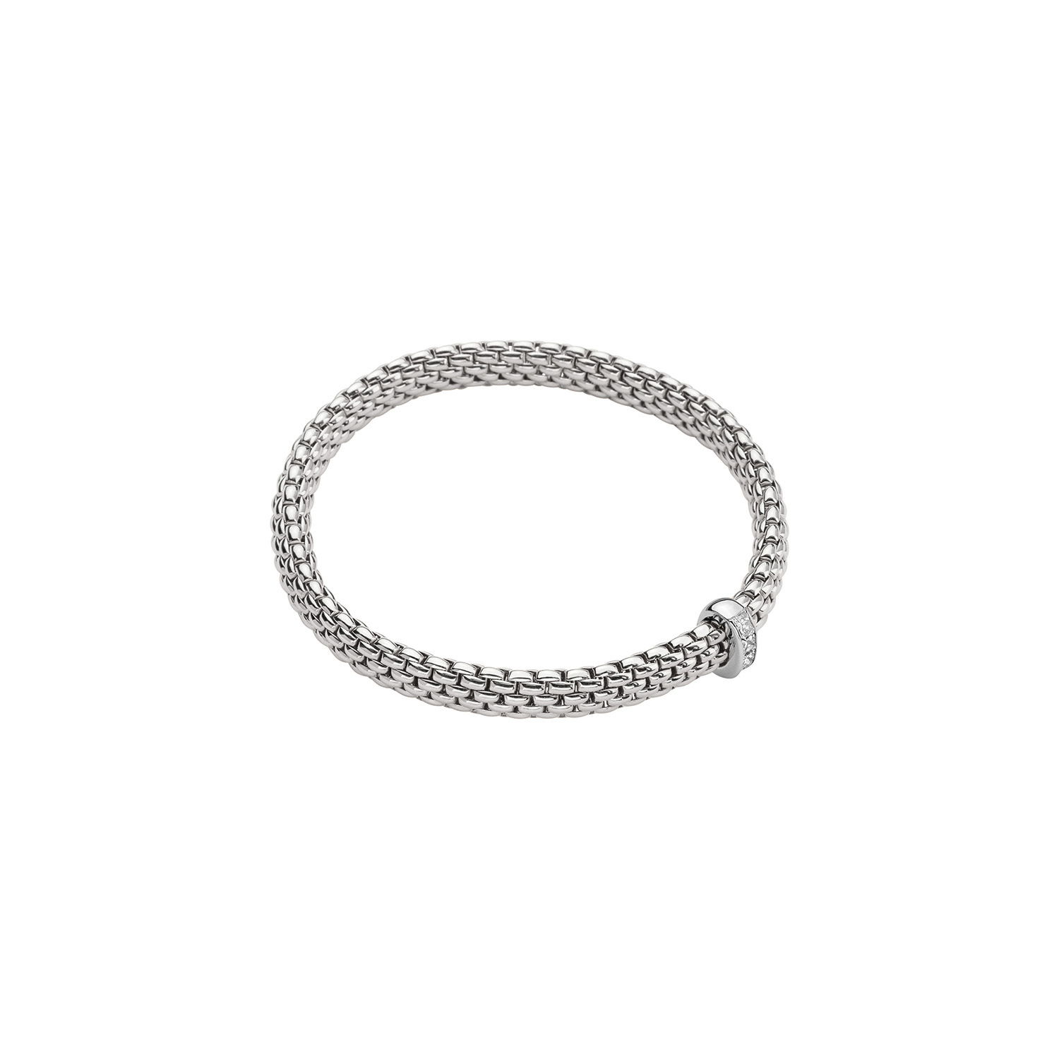 Vendome Flex'It Bracelet in 18kt White Gold with one White Gold and White Princess Cut Diamond Element at 0.35ctw - The bracelet measures 6.9mm wide by 4.3mm deep and is a size small, 16cm or 6.29 inches internal circumference. 584B BBRS-W Vendome Bracelet in 18kt White Gold with 1 White Gold and Princess Cut White Diamond Element - 6.9mm - Size S
