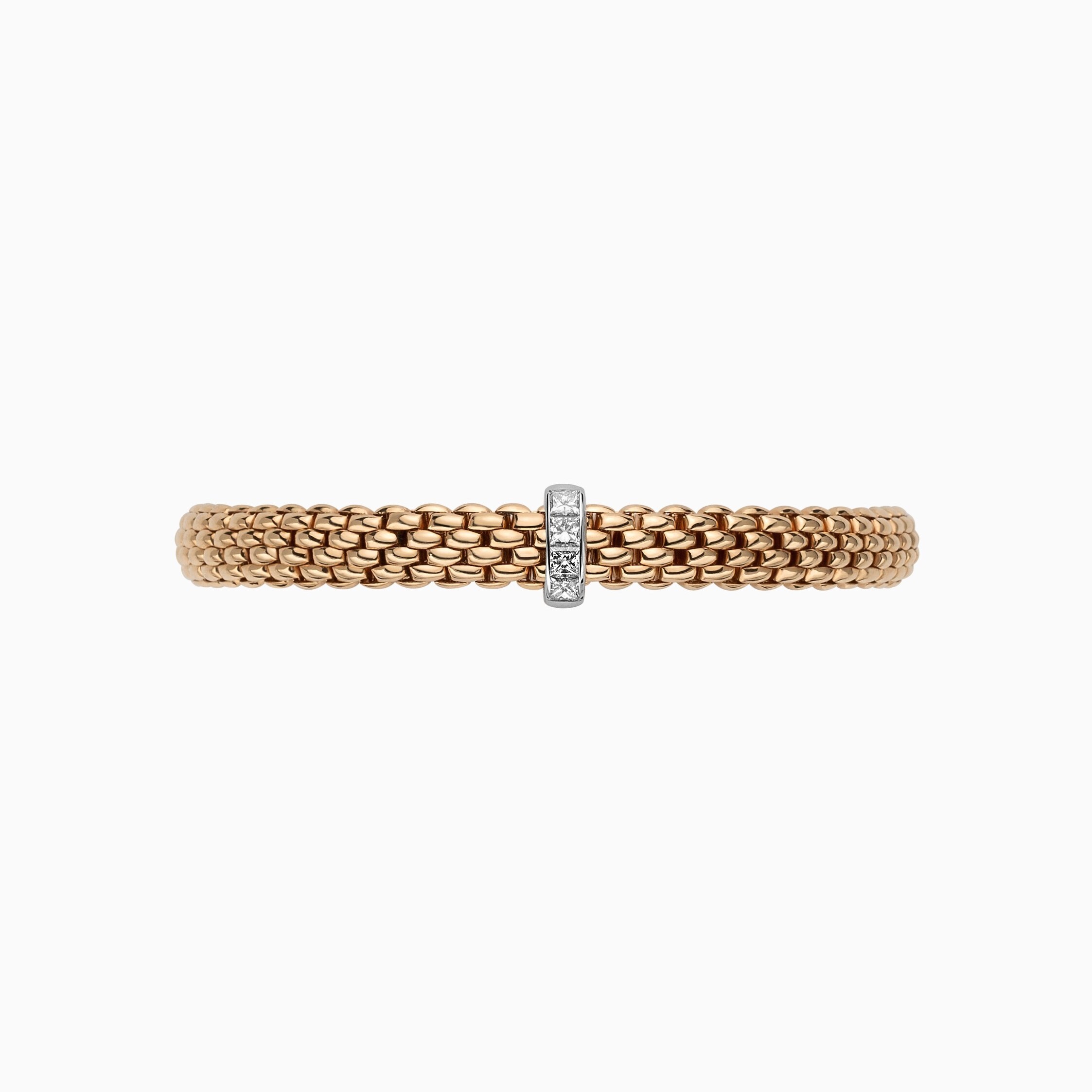 Vendome Flex'It Bracelet in 18kt Rose Gold with one White Gold and White Princess Cut Diamond Element at 0.35ctw - The bracelet measures 6.9mm wide by 4.3mm deep and is a size small, 16cm or 6.29 inches internal circumference. 584B BBRS-RW Vendome Bracelet in 18kt Rose Gold with 1 White Gold and Princess Cut White Diamond Element - 6.9mm - Size S