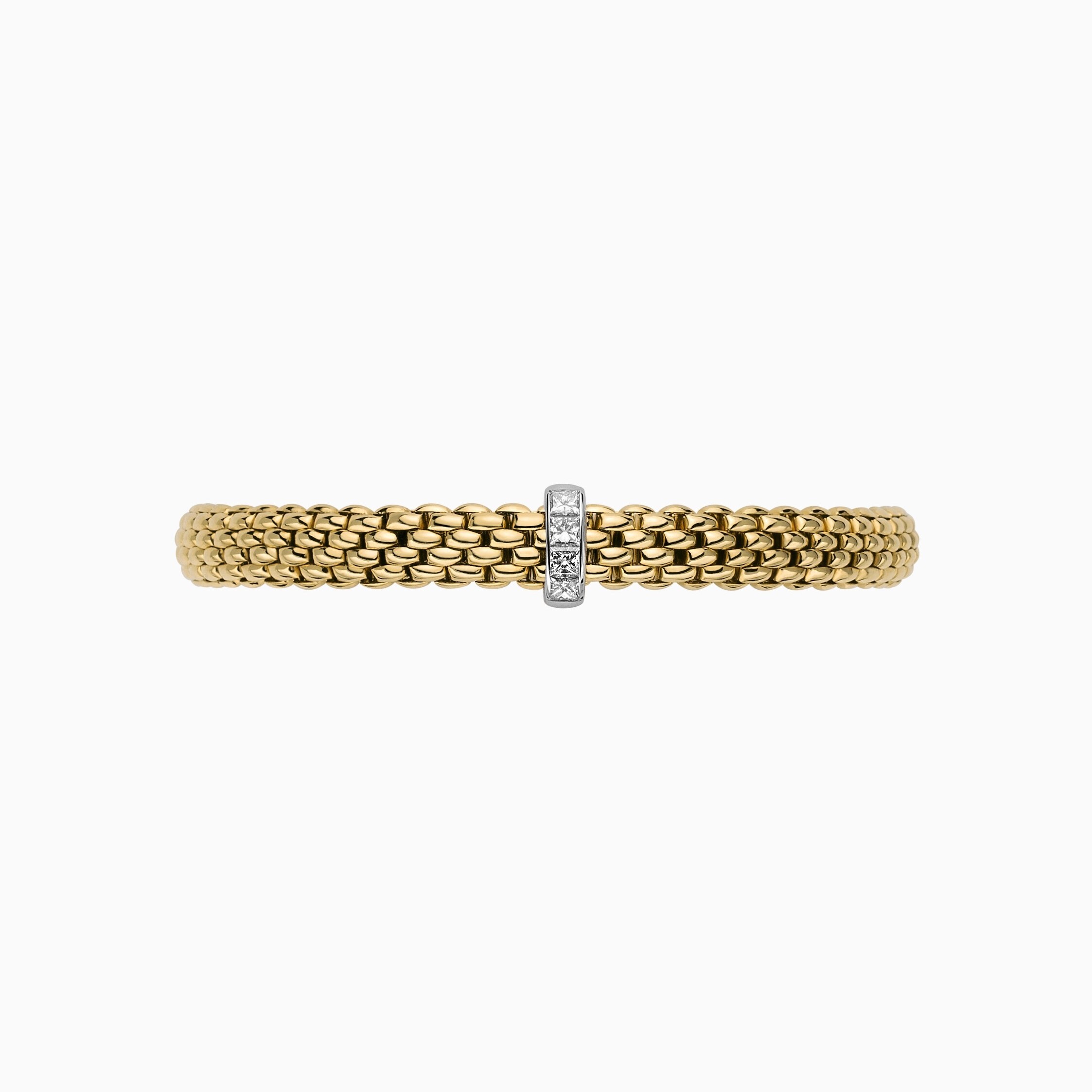 Vendome Flex'It Bracelet in 18kt Yellow Gold with one White Gold and White Princess Cut Diamond Element at 0.35ctw - The bracelet measures 6.9mm wide by 4.3mm deep and is a size extra large, 19cm or 7.48 inches internal circumference. 584B BBRXL-YW Vendome Bracelet in 18kt Yellow Gold with 1 White Gold and Princess Cut White Diamond Element - 6.9mm - Size XL