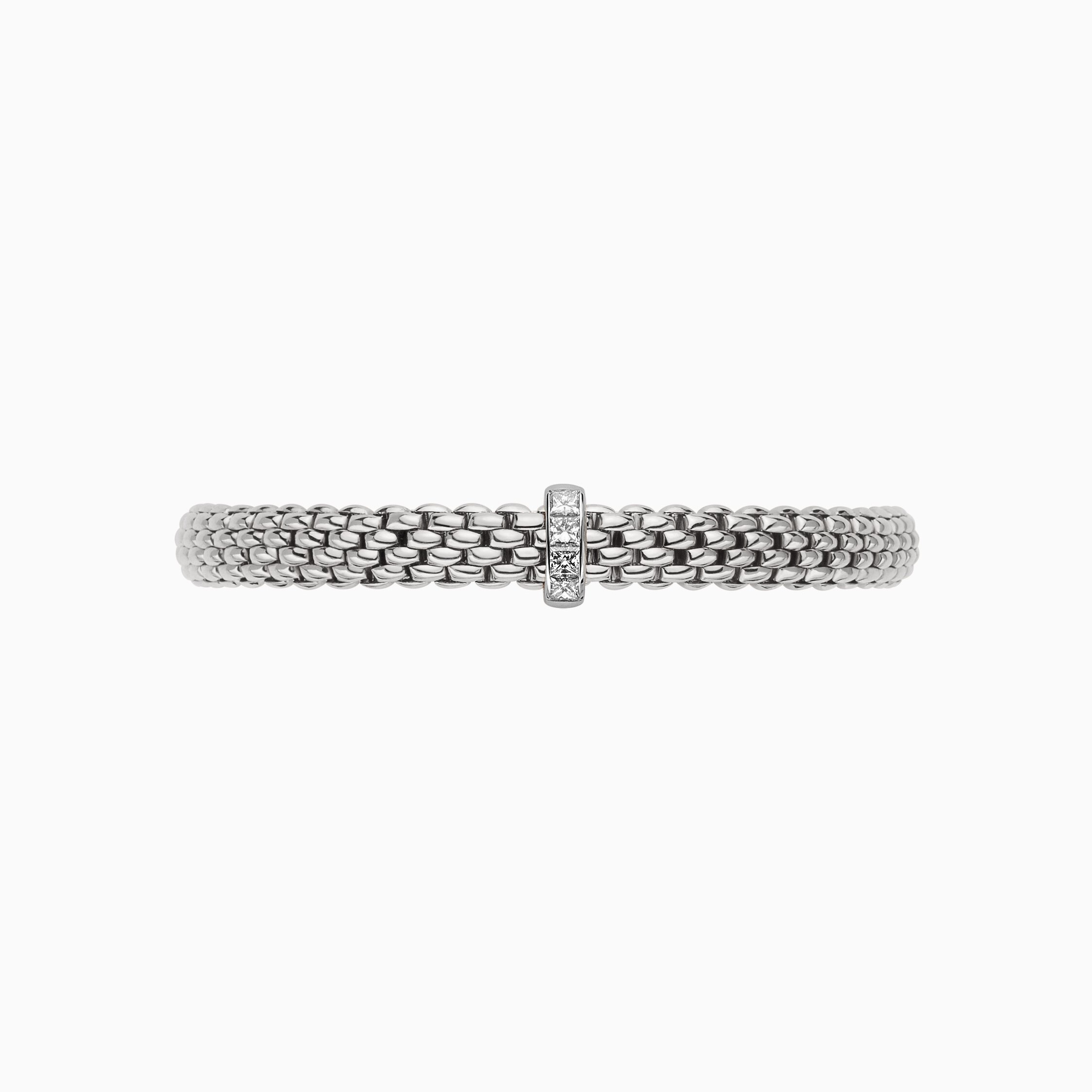 Vendome Flex'It Bracelet in 18kt White Gold with one White Gold and White Princess Cut Diamond Element at 0.35ctw - The bracelet measures 6.9mm wide by 4.3mm deep and is a size extra large, 19cm or 7.48 inches internal circumference. 584B BBRXL-W Vendome Bracelet in 18kt White Gold with 1 White Gold and Princess Cut White Diamond Element - 6.9mm - Size XL