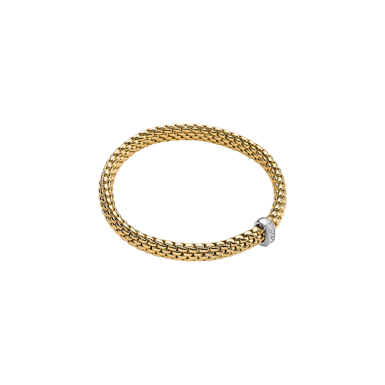Vendome Flex'It Bracelet in 18kt Yellow Gold with one White Gold and White Princess Cut Diamond Element at 0.35ctw - The bracelet measures 6.9mm wide by 4.3mm deep and is a size large, 18cm or 7.08 inches internal circumference. 584B BBRL-YW Vendome Bracelet in 18kt Yellow Gold with 1 White Gold and Princess Cut White Diamond Element - 6.9mm - Size L