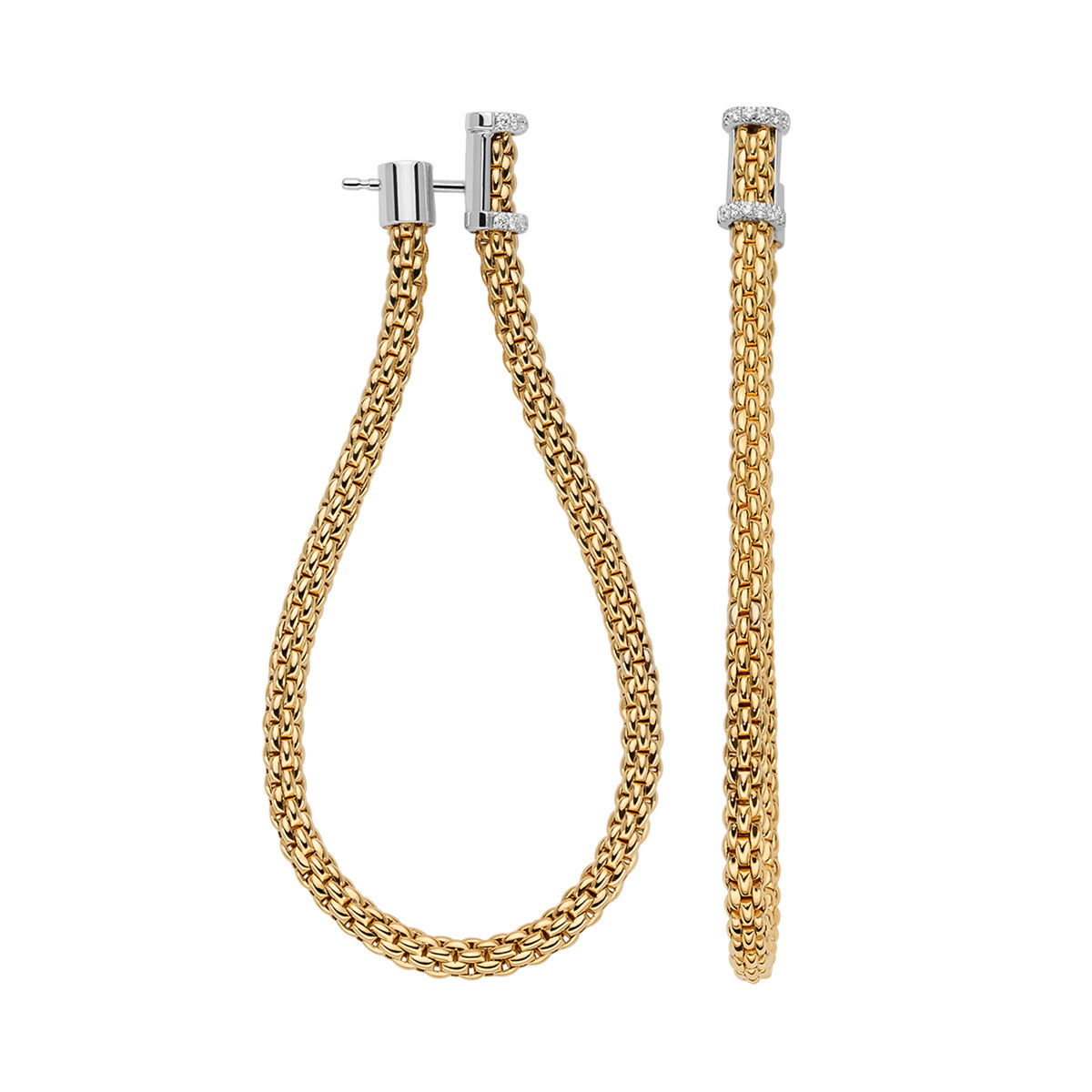 Large Flex'It hoop earrings from the Essentials collection in 18kt Yellow Gold with white gold tops set with 0.17ctw in White diamonds - 145mm when worn as a dangle OR05 BBR-YW Essentials Large Flex'it Hoop Earrings in 18kt Yellow Gold with White Gold and White Diamond Tops