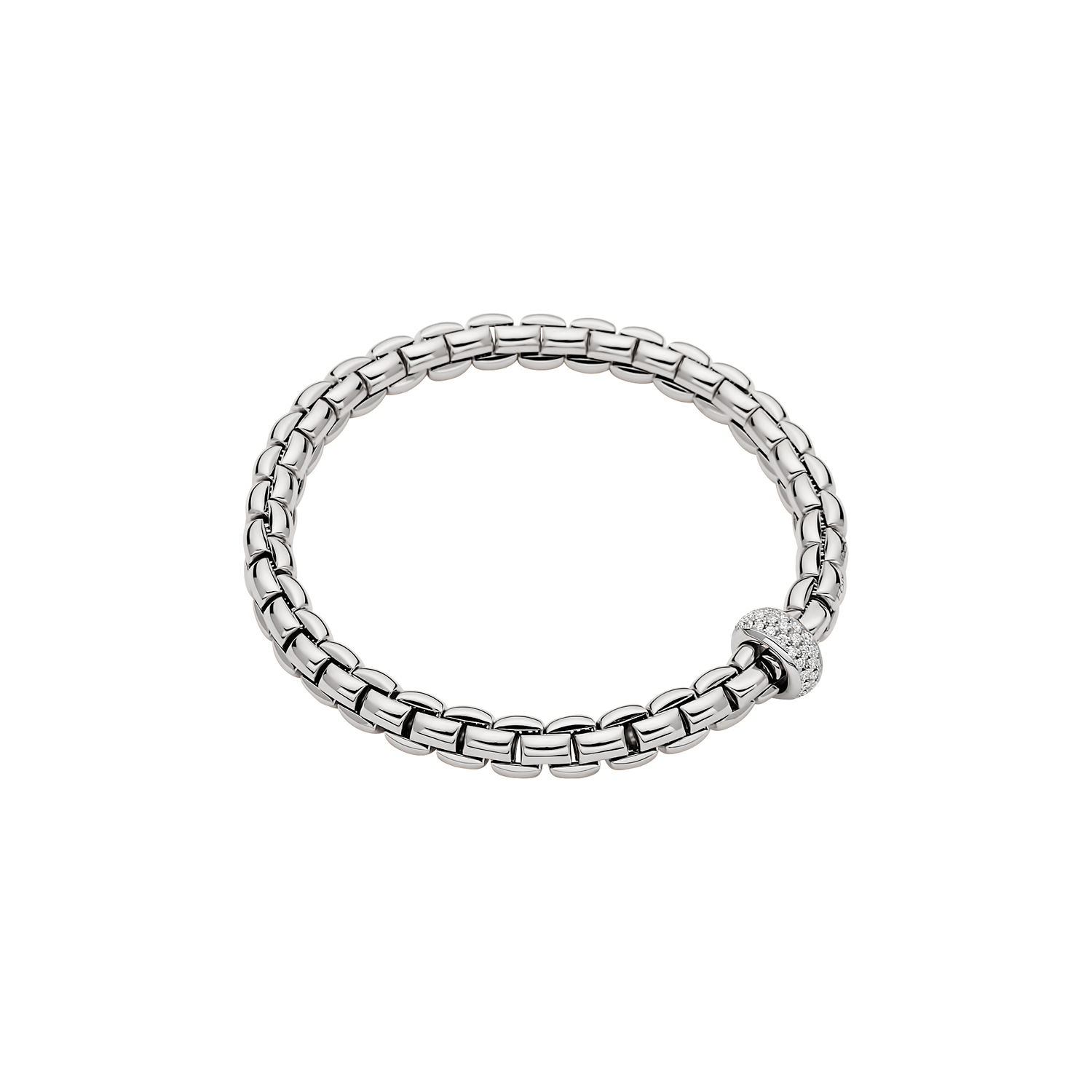 Eka Flex'It Bracelet in 18kt White Gold with One White Gold and White Pave Diamond Element at 0.40ctw - The bracelet measures 6.3mm in diameter and is a size medium, 17cm or 6.69 inches internal circumference. 707B PAVEM-W Eka Bracelet in 18kt White Gold with 1 White Gold and White Pave Diamond Element - 6.3mm - Size M