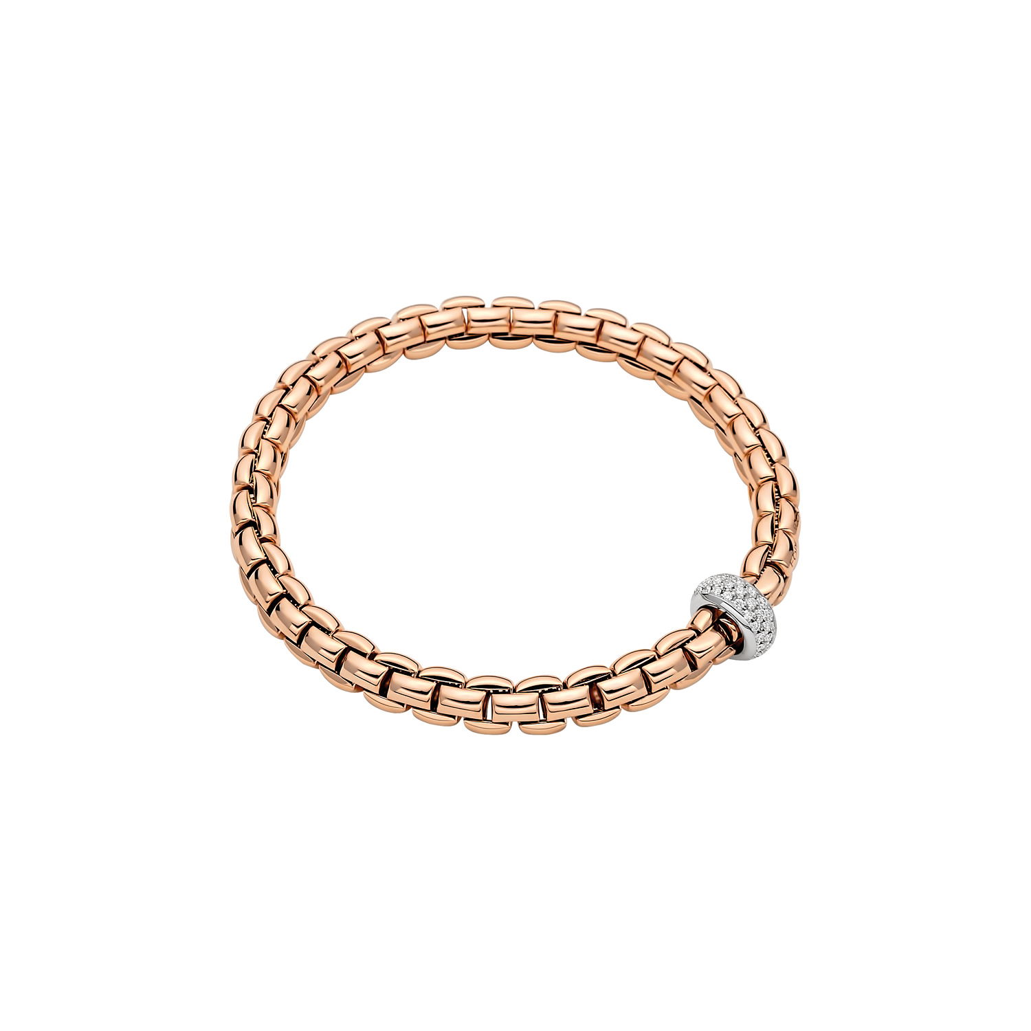 Eka Flex'It Bracelet in 18kt Rose Gold with One White Gold and White Pave Diamond Element at 0.40ctw - The bracelet measures 6.3mm in diameter and is a size extra large, 19cm or 7.48 inches internal circumference. 707B PAVEXL-RW Eka Bracelet in 18kt Rose Gold with 1 White Gold and White Pave Diamond Element - 6.3mm - Size XL