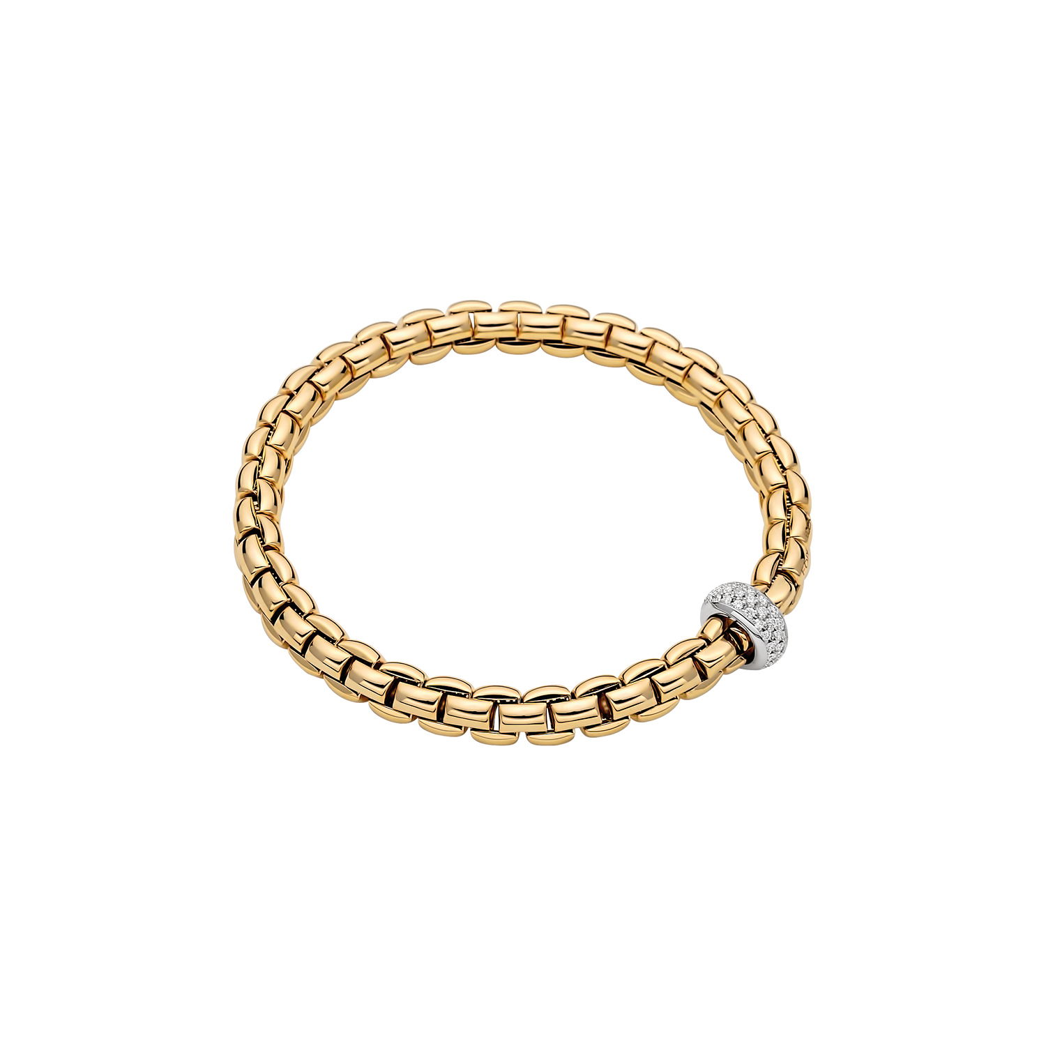 Eka Flex'It Bracelet in 18kt Yellow Gold with One White Gold and White Pave Diamond Element at 0.40ctw - The bracelet measures 6.3mm in diameter and is a size extra small, 15cm or 5.90 inches internal circumference. 707B PAVEXS-YW Eka Bracelet in 18kt Yellow Gold with 1 White Gold and White Diamond Pave Element - 6.3mm - Size XS
