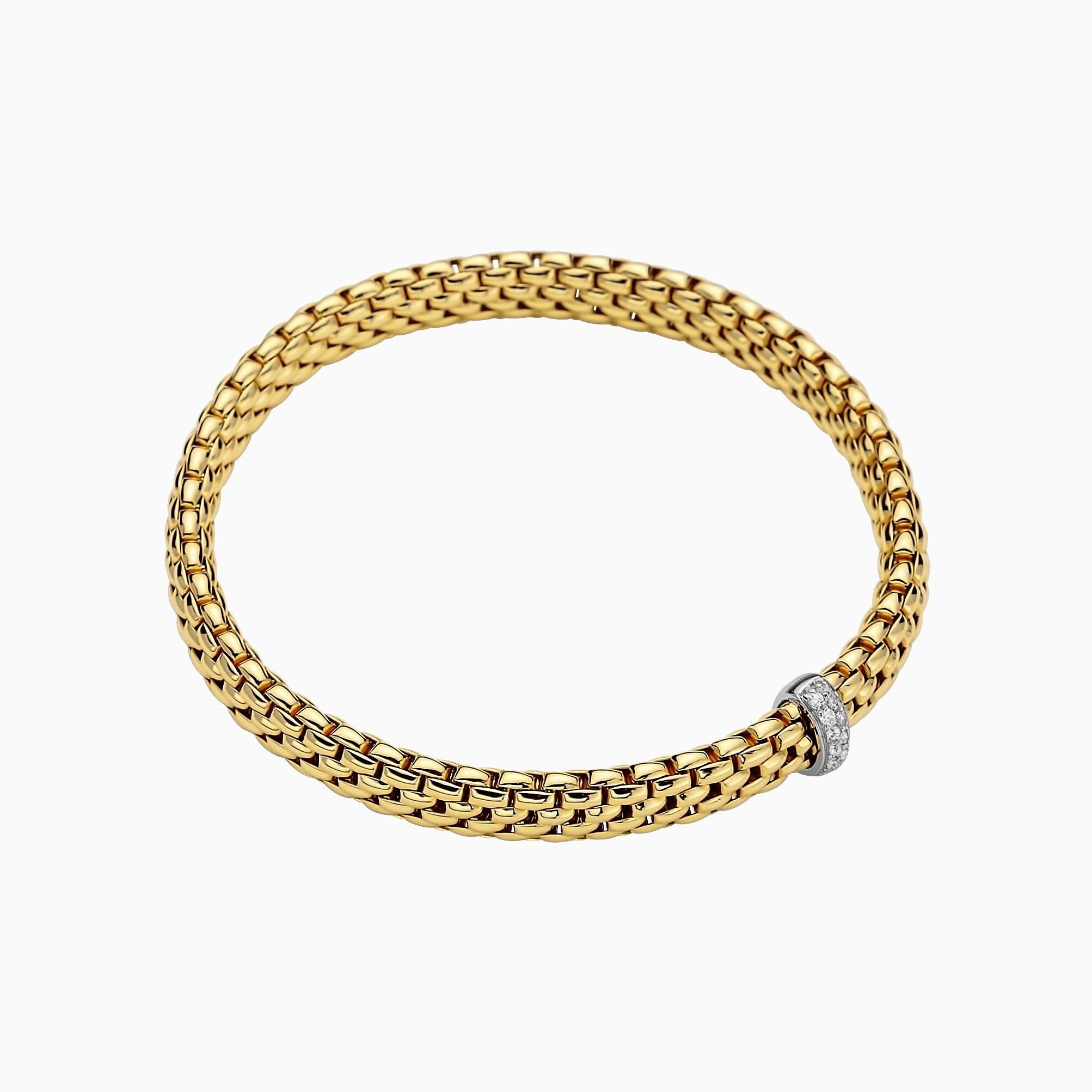 Vendome Flex'It Bracelet in 18kt Yellow Gold with one White Gold and White Diamond pave Element at 0.10ctw - The bracelet measures 6.9mm wide by 4.3mm deep and is a size extra large, 19cm or 7.48 inches internal circumference. 560B BBRXL-YW Vendome Bracelet in 18kt Yellow Gold with 1 White Gold and White Diamond Pave Element - 6.9mm - Size XL
