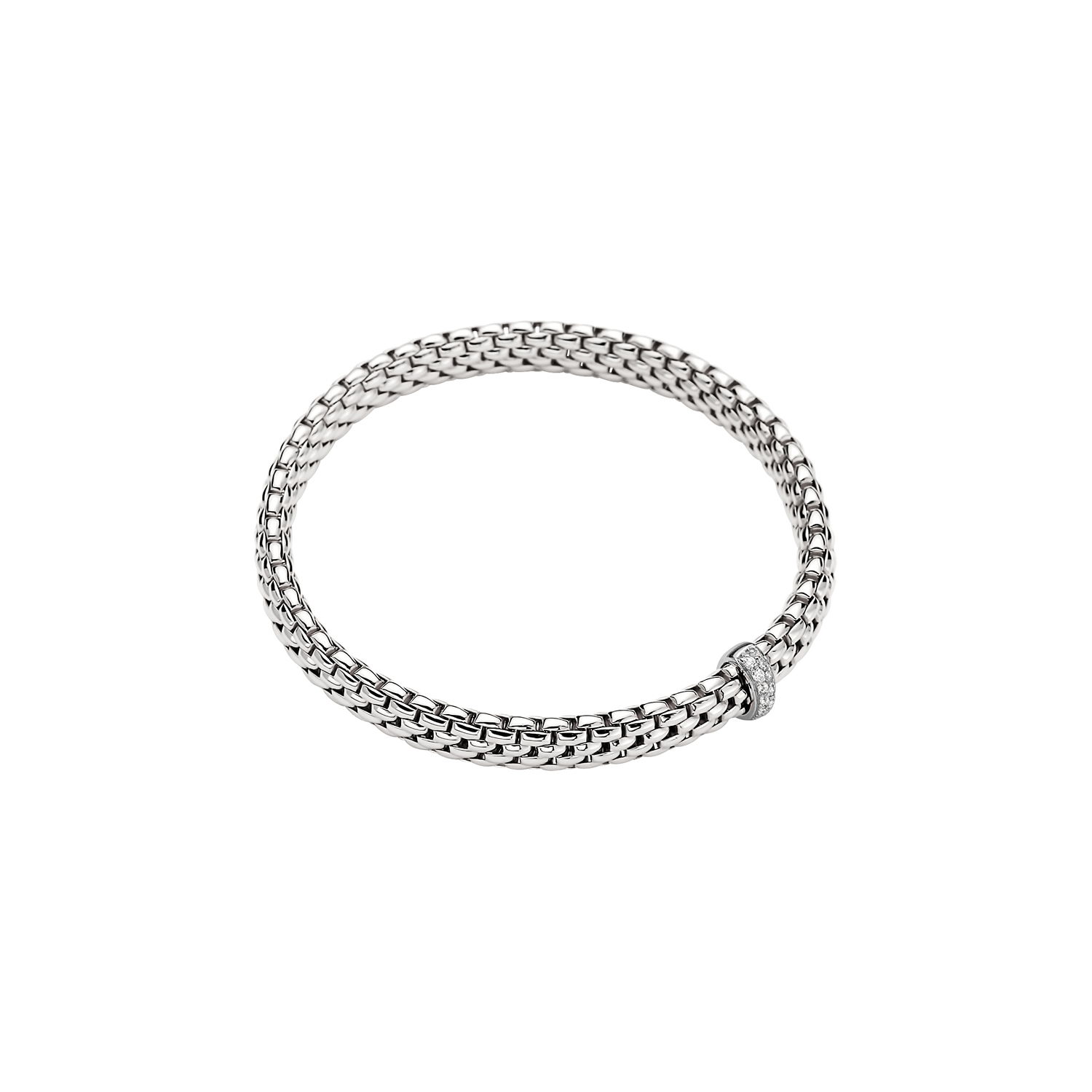 Vendome Flex'It Bracelet in 18kt White Gold with one White Gold and White Diamond pave Element at 0.10ctw - The bracelet measures 6.9mm wide by 4.3mm deep and is a size large, 18cm or 7.08 inches internal circumference. 560B BBRL-W Vendome Bracelet in 18kt White Gold with 1 White Gold and White Diamond Pave Element - 6.9mm - Size L