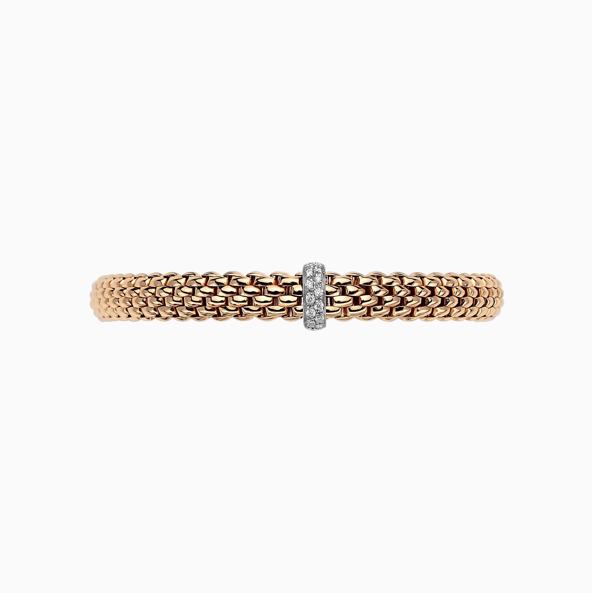 Vendome Flex'It Bracelet in 18kt Rose Gold with one White Gold and White Diamond pave Element at 0.10ctw - The bracelet measures 6.9mm wide by 4.3mm deep and is a size extra large, 19cm or 7.48 inches internal circumference. 560B BBRXL-RW Vendome Bracelet in 18kt Rose Gold with 1 White Gold and White Diamond Pave Element - 6.9mm - Size XL
