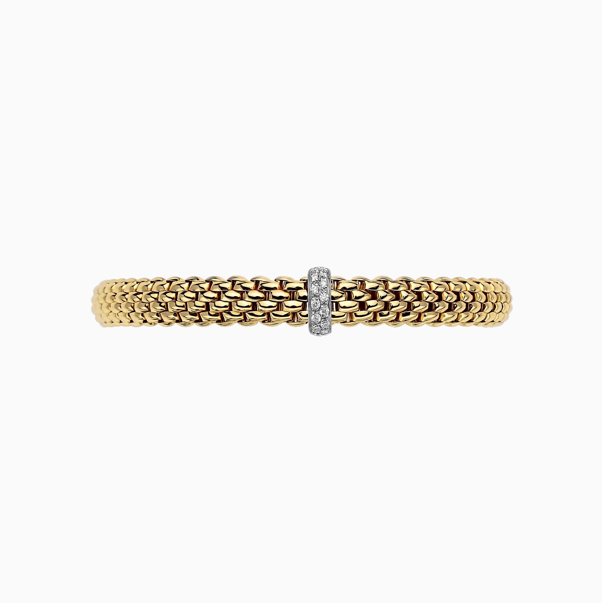 Vendome Flex'It Bracelet in 18kt Yellow Gold with one White Gold and White Diamond pave Element at 0.10ctw - The bracelet measures 6.9mm wide by 4.3mm deep and is a size extra small, 15cm or 5.90 inches internal circumference. 560B BBRXS-YW Vendome Bracelet in 18kt Yellow Gold with 1 White Gold and White Diamond Pave Element - 6.9mm - Size XS