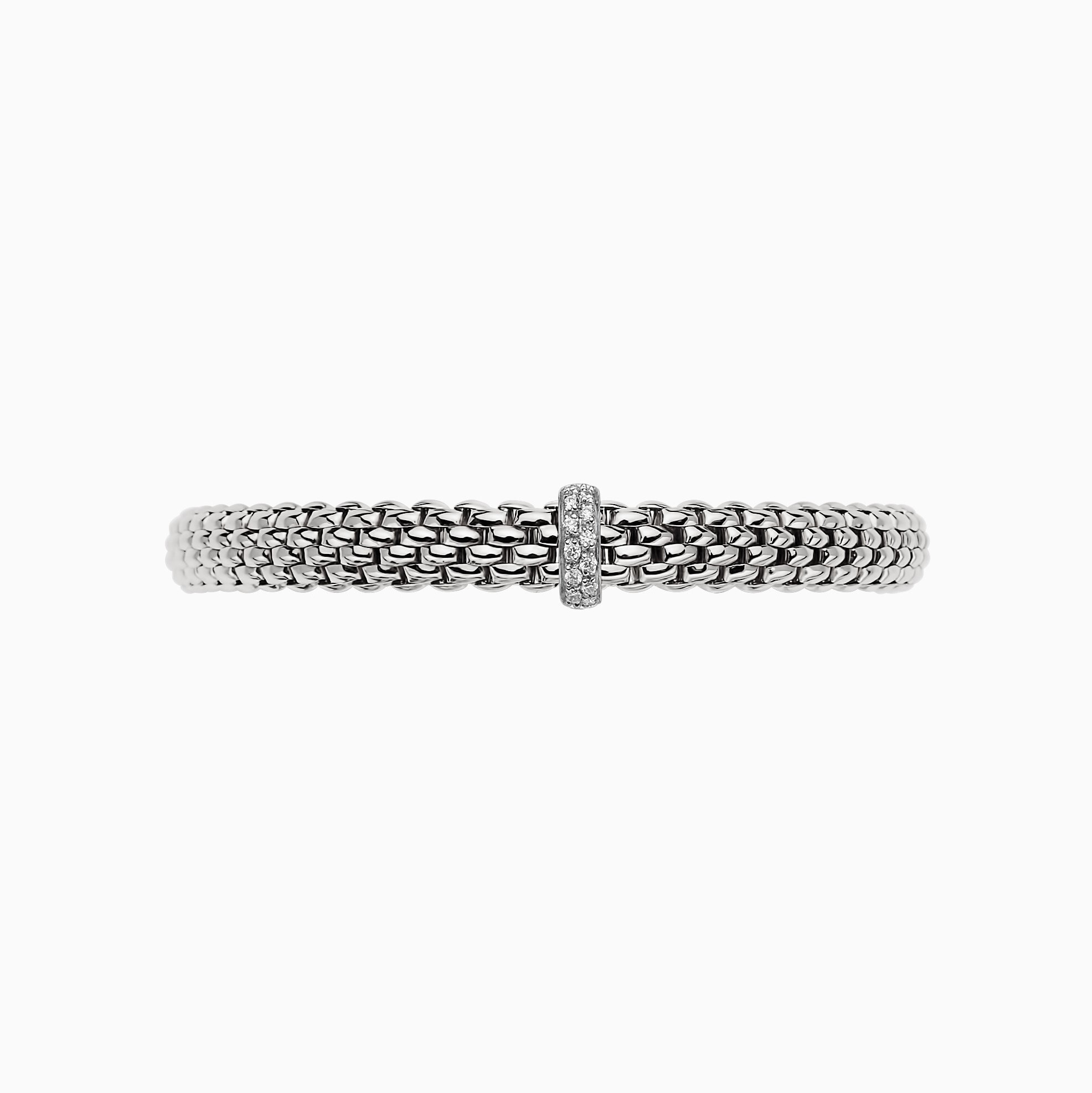 Vendome Flex'It Bracelet in 18kt White Gold with one White Gold and White Diamond pave Element at 0.10ctw - The bracelet measures 6.9mm wide by 4.3mm deep and is a size extra large, 19cm or 7.48 inches internal circumference. 560B BBRXL-W Vendome Bracelet in 18kt White Gold with 1 White Gold and White Diamond Pave Element - 6.9mm - Size XL