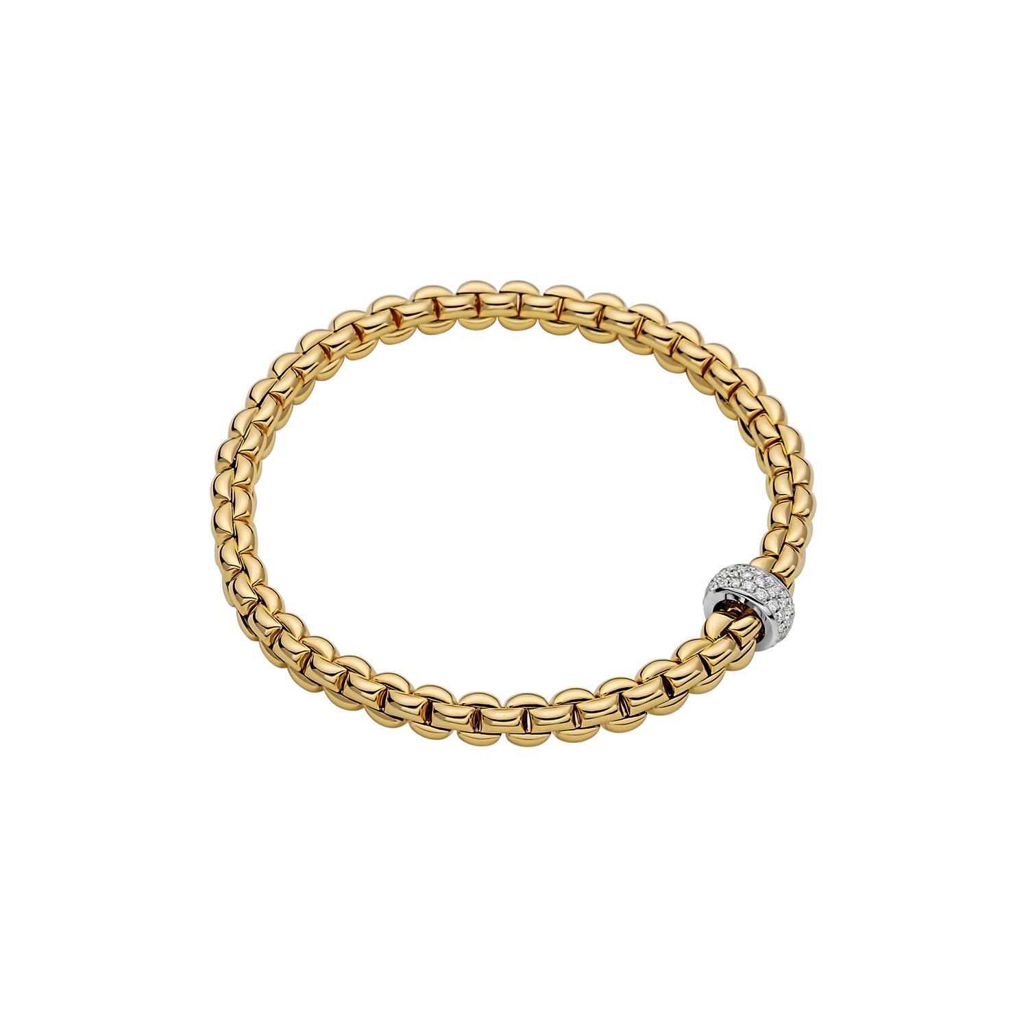 Eka Flex'It Bracelet in 18kt Yellow Gold with One White Gold and White Pave Diamond Element at 0.37ctw - The bracelet measures 5.6mm in diameter and is a size extra small, 15cm or 5.90 inches internal circumference. 721B PAVEXS-YW Eka Bracelet in 18kt Yellow Gold with 1 White Gold and White Diamond Pave Element - 5.6mm - Size XS