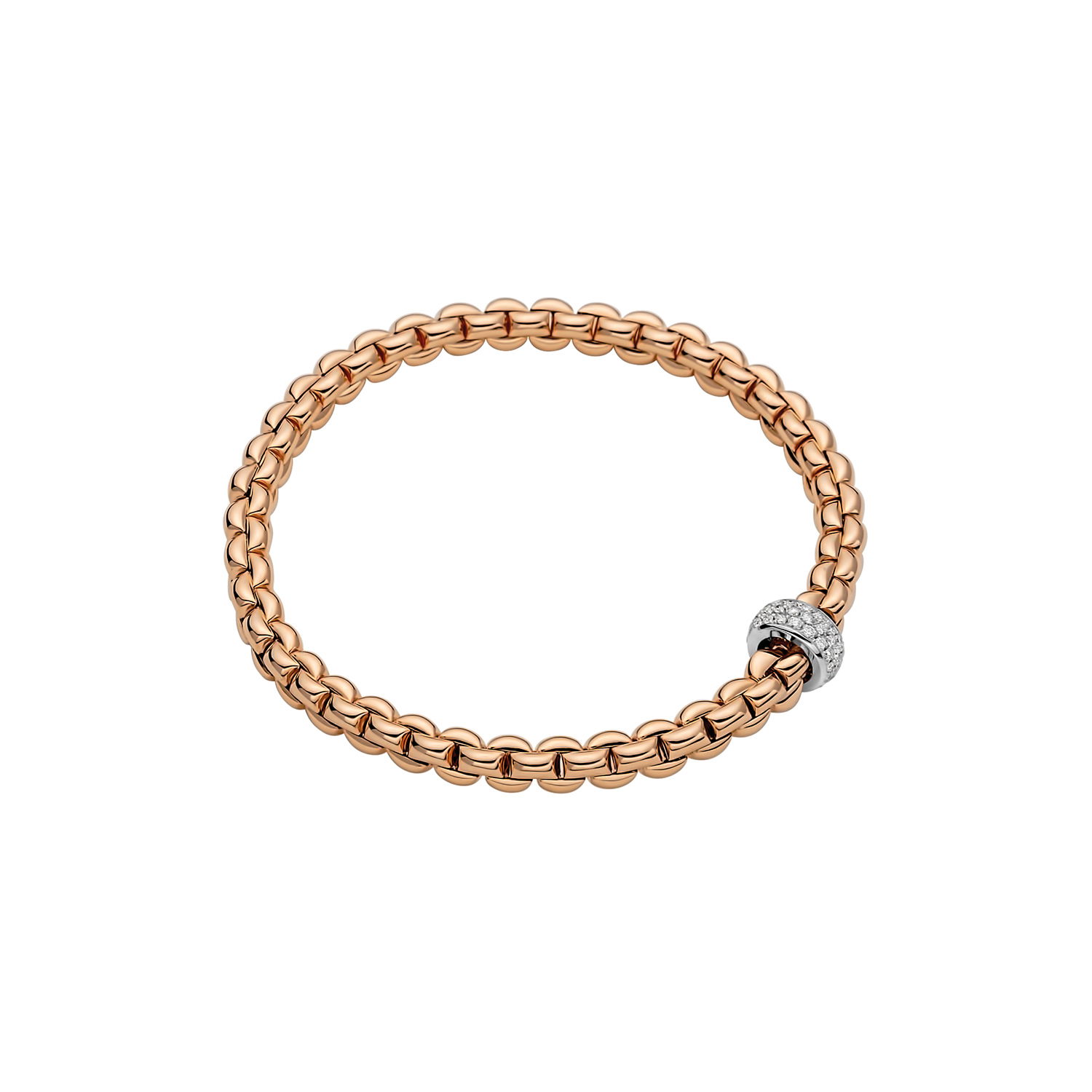 Eka Flex'It Bracelet in 18kt Rose Gold with One White Gold and White Pave Diamond Element at 0.37ctw - The bracelet measures 5.6mm in diameter and is a size extra small, 15cm or 5.90 inches internal circumference. 721B PAVEXS-RW Eka Bracelet in 18kt Rose Gold with 1 White Gold and White Diamond Pave Element - 5.6mm - Size XS