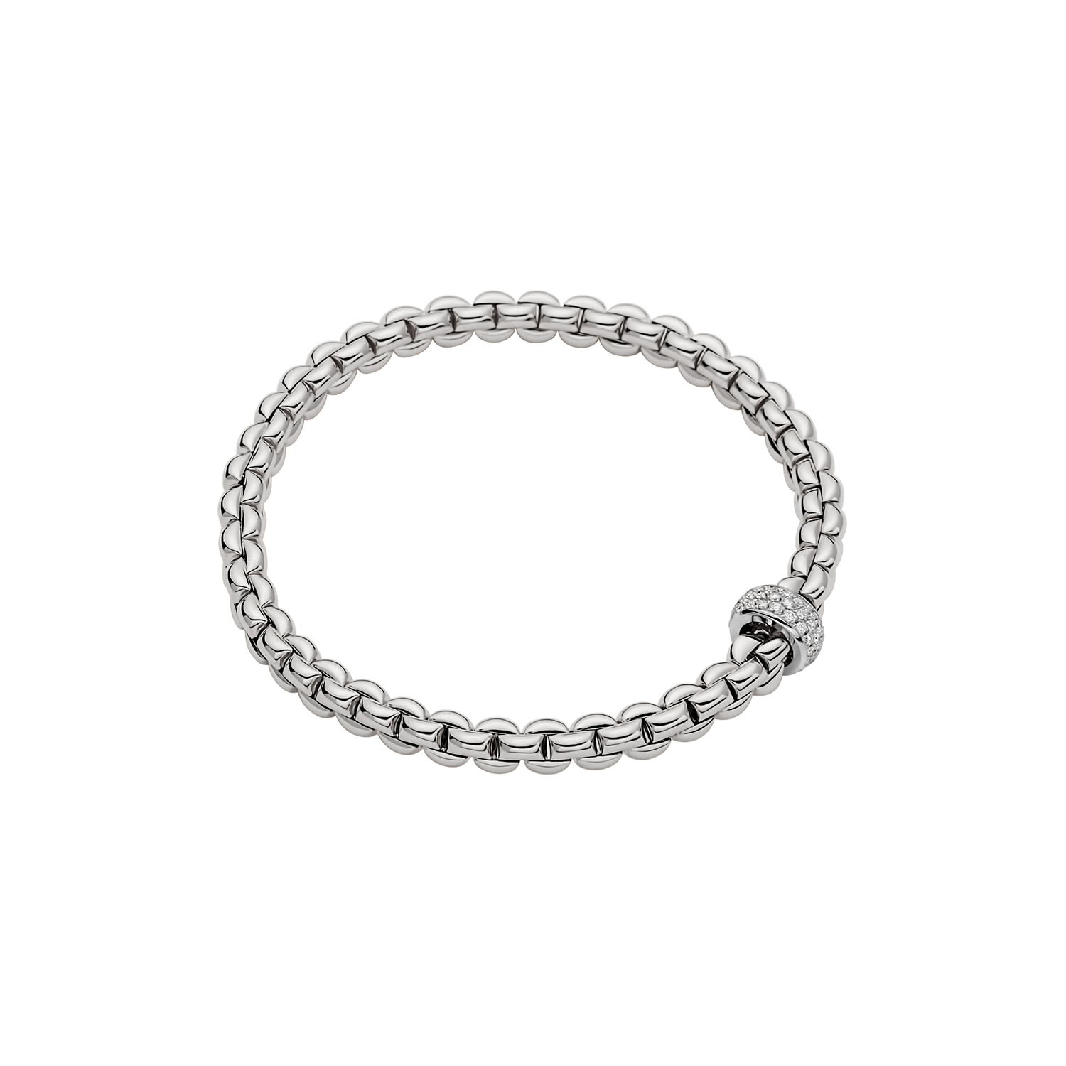 Eka Flex'It Bracelet in 18kt White Gold with One White Gold and White Pave Diamond Element at 0.37ctw - The bracelet measures 5.6mm in diameter and is a size large, 18cm or 7.08 inches internal circumference. 721B PAVEL-W Eka Bracelet in 18kt White Gold with 1 White Gold and White Diamond Pave Element - 5.6mm - Size L