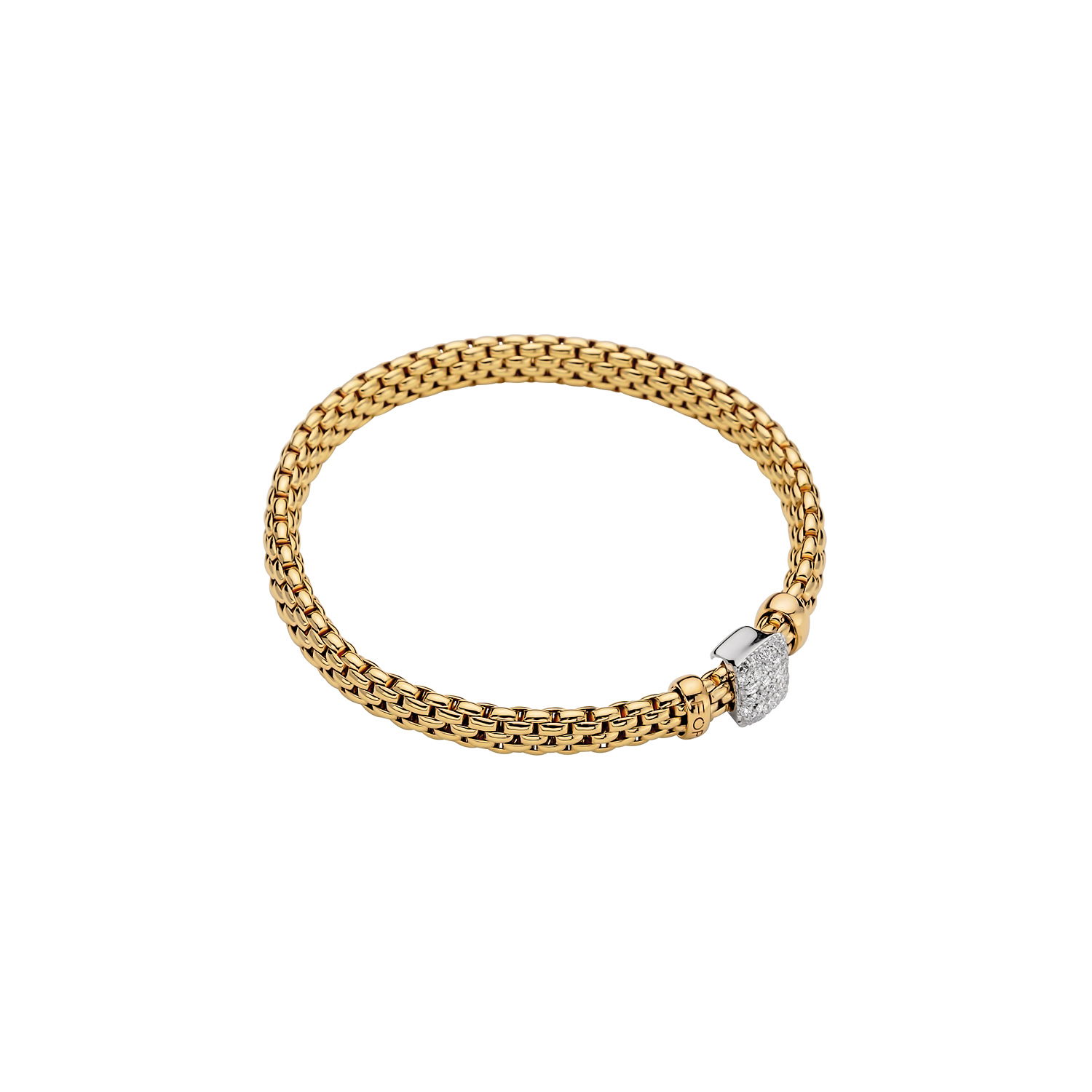 Vendome Flex'It Bracelet in 18kt Yellow Gold with one White Gold and White Diamond Square pave Element at 0.41ctw - The bracelet measures 6.9mm wide by 4.3mm deep and is a size extra small, 15cm or 5.90 inches internal circumference. 561B PAVEXS-YW Vendome Bracelet in 18kt Yellow Gold with 1 White Gold and White Diamond Square Pave Element - 6.9mm - Size XS