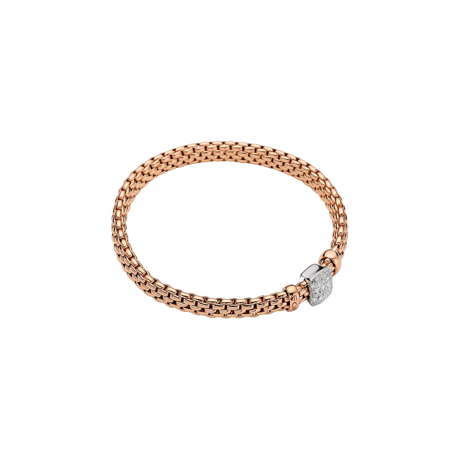 Vendome Flex'It Bracelet in 18kt Rose Gold with one White Gold and White Diamond Square pave Element at 0.41ctw - The bracelet measures 6.9mm wide by 4.3mm deep and is a size small, 16cm or 6.29 inches internal circumference. 561B PAVES-RW Vendome Bracelet in 18kt Rose Gold with 1 White Gold and White Diamond Square Pave Element - 6.9mm - Size S