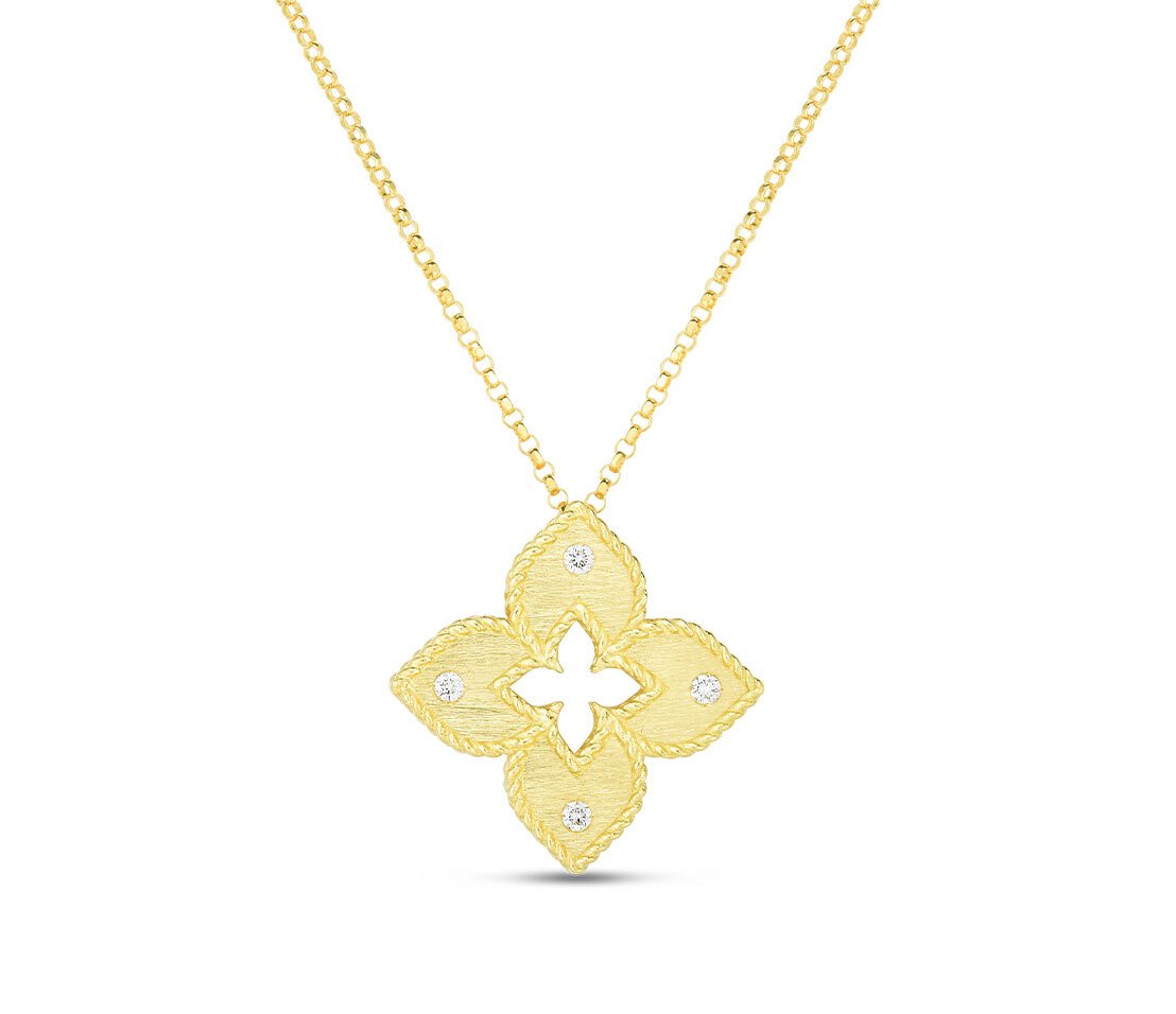 Petite Venetian Princess Satin and Diamond Accent Flower Necklace in 18kt Yellow Gold