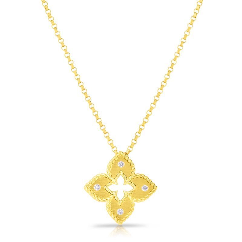 Petite Venetian Princess Extra Small Satin and Diamond Accent Flower Necklace in 18kt Yellow Gold