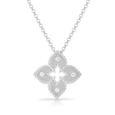 Closeup photo of Petite Venetian Princess Extra Small Satin and Diamond Accent Flower Necklace in 18kt White Gold