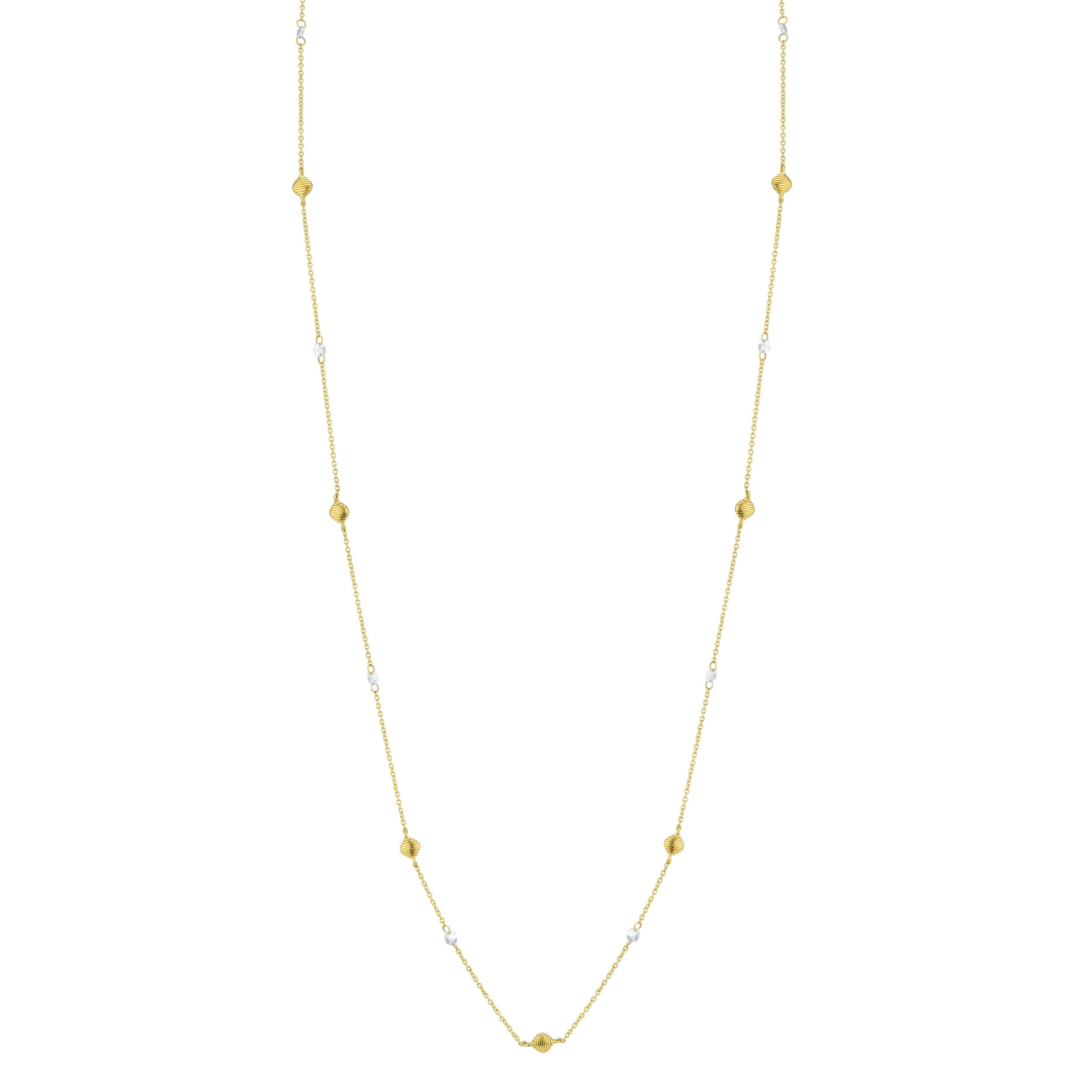 Station Chain Necklace with Rose Cut White Diamonds and Strie Stations in 18kt Yellow Gold - 34"