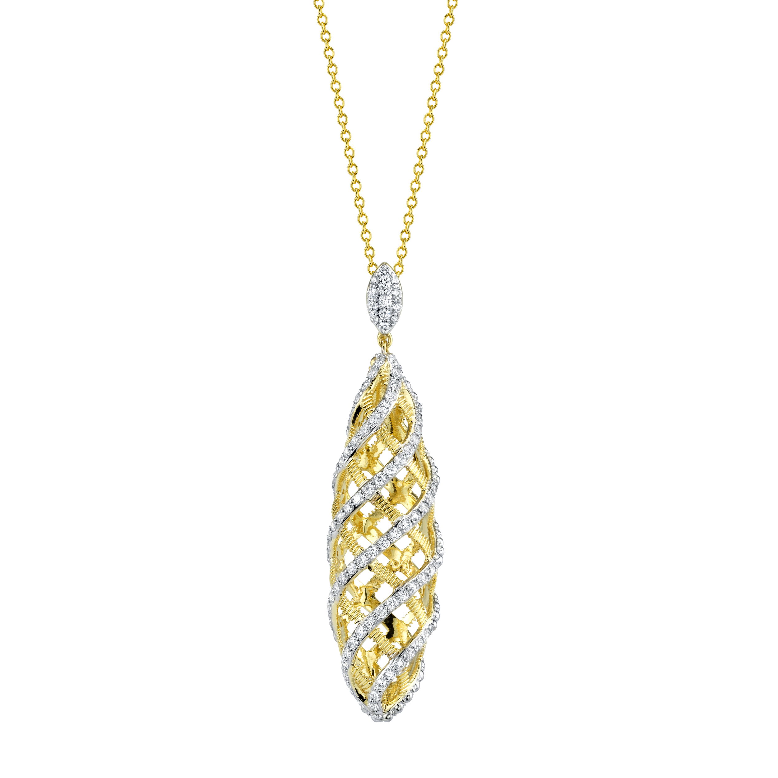 Open Cage Pendant Necklace with White Diamonds in 18kt Yellow Gold