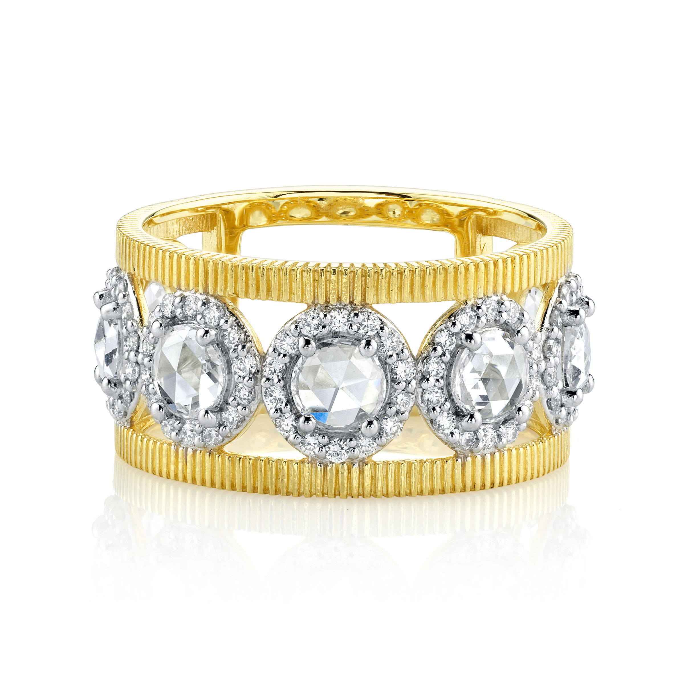 Strie Detail Band Ring with Rose Cut White Diamonds in 18kt Yellow Gold