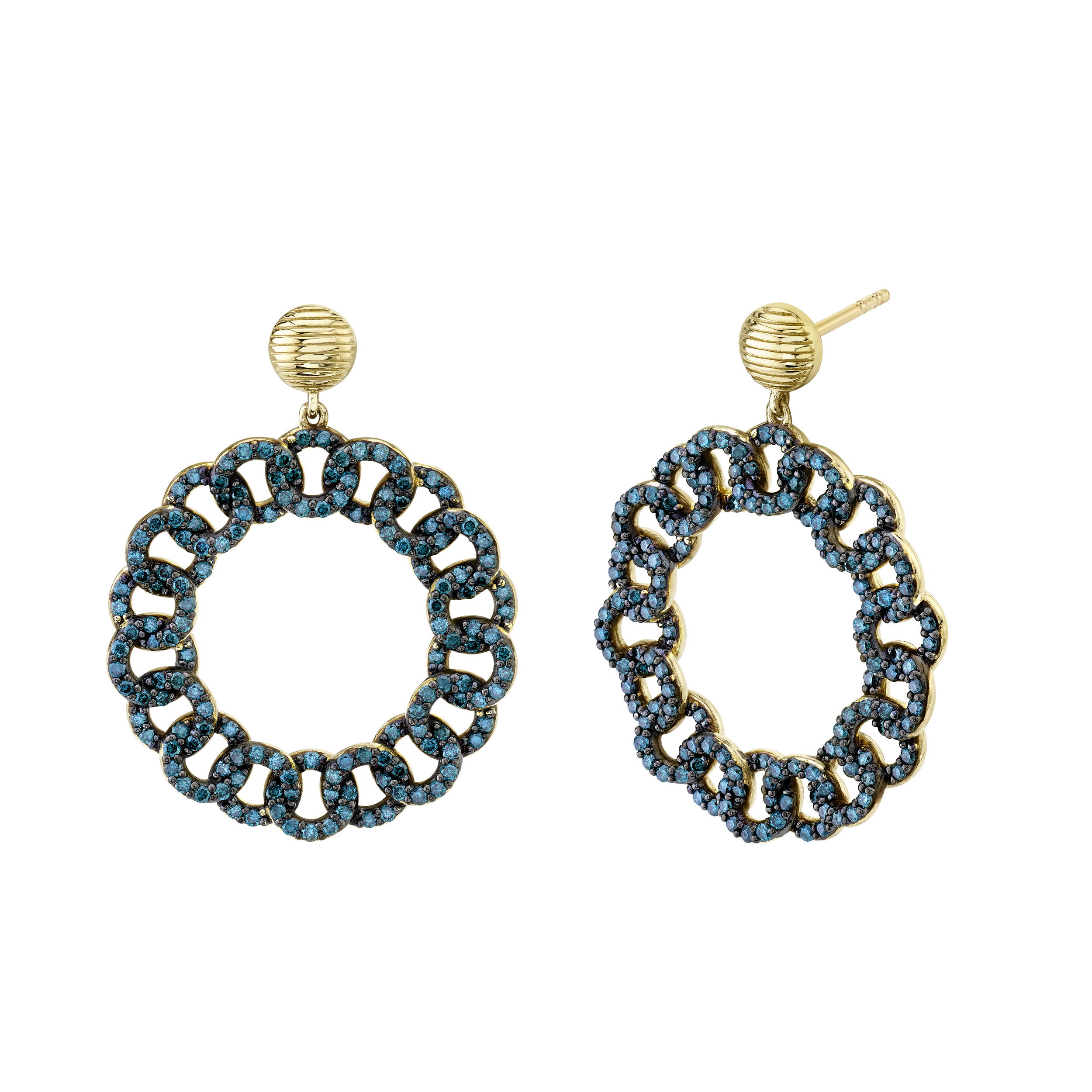 Link Door Knocker Earrings with IRD Blue Diamonds in 18kt Yellow Gold by Sloane Street Jewelry. Door knocker style earrings in yellow gold are set with two hundred eighty eight SI quality irradiated blue diamonds at 1.49ctw. Link Door Knocker Earrings with IRD Blue Diamonds in 18kt Yellow Gold